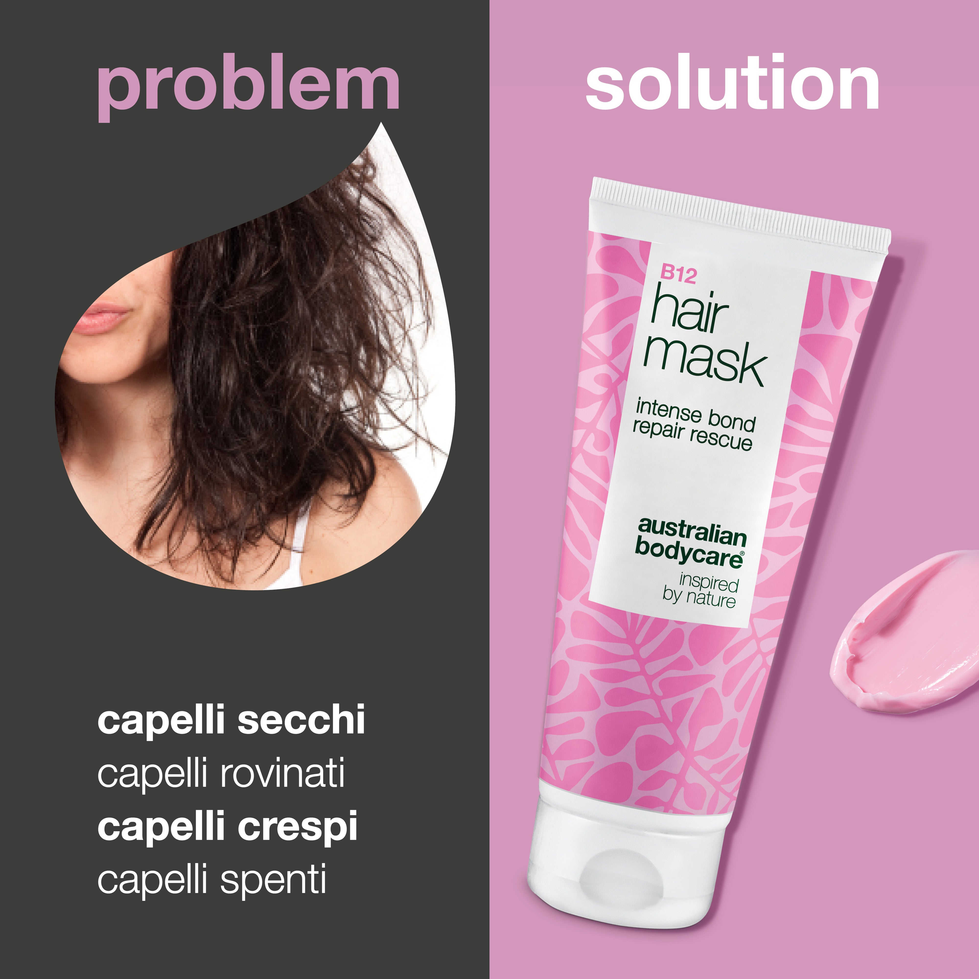Problema e soluzione: capelli secchi, danneggiati, crespi e spenti a confronto con Maschera Capelli B12 di Australian Bodycare