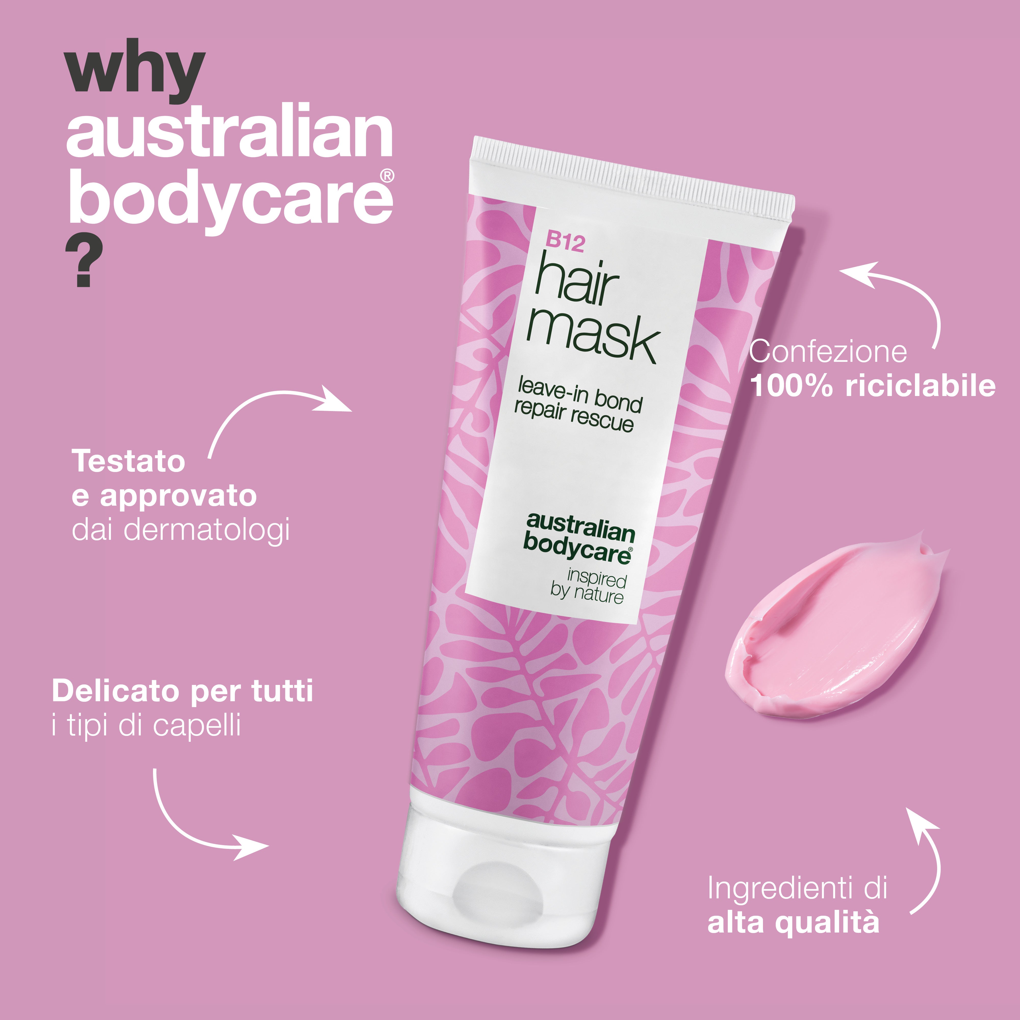 Maschera Capelli B12 è testato dermatologicamente, delicato su tutti i tipi di capelli e ha una confezione riciclabile al 100 %
