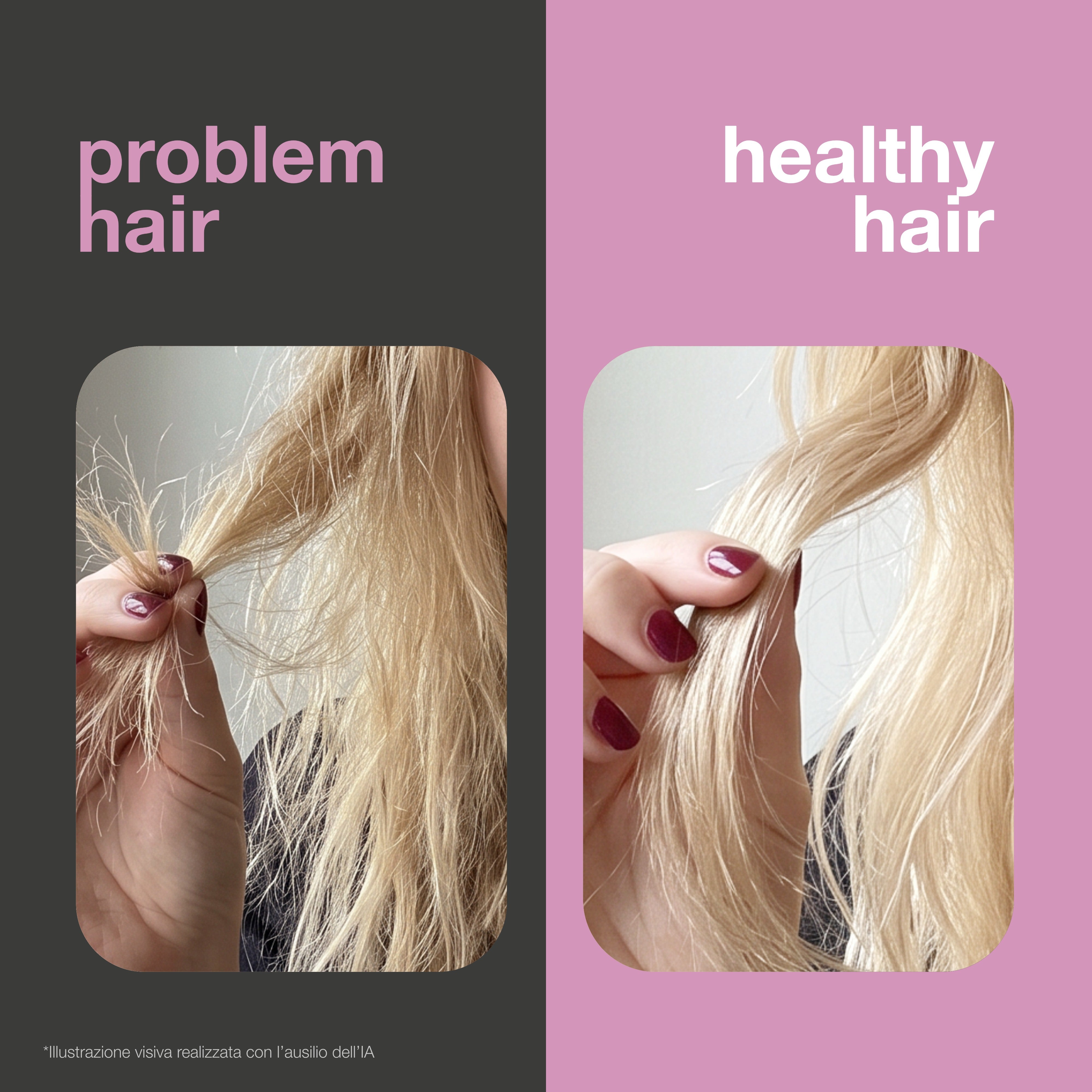 Prima e dopo: capelli secchi, danneggiati e con doppie punte rispetto a capelli morbidi e luminosi. Illustrazione visiva.