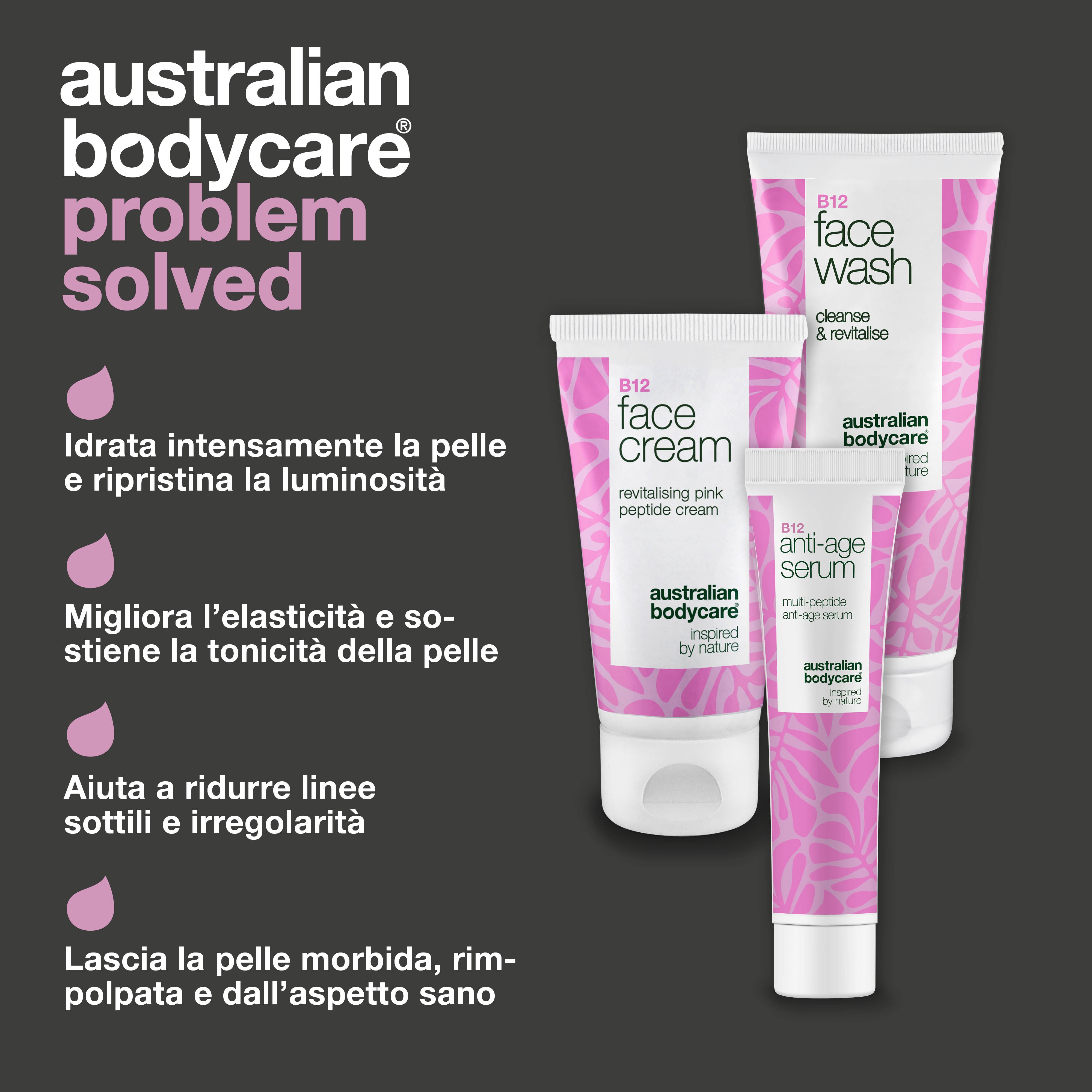 B12 Detergente viso, siero e crema per pelli mature — Cura efficace per la pelle matura. Detergente, siero e crema B12 per una pelle compatta e luminosa.