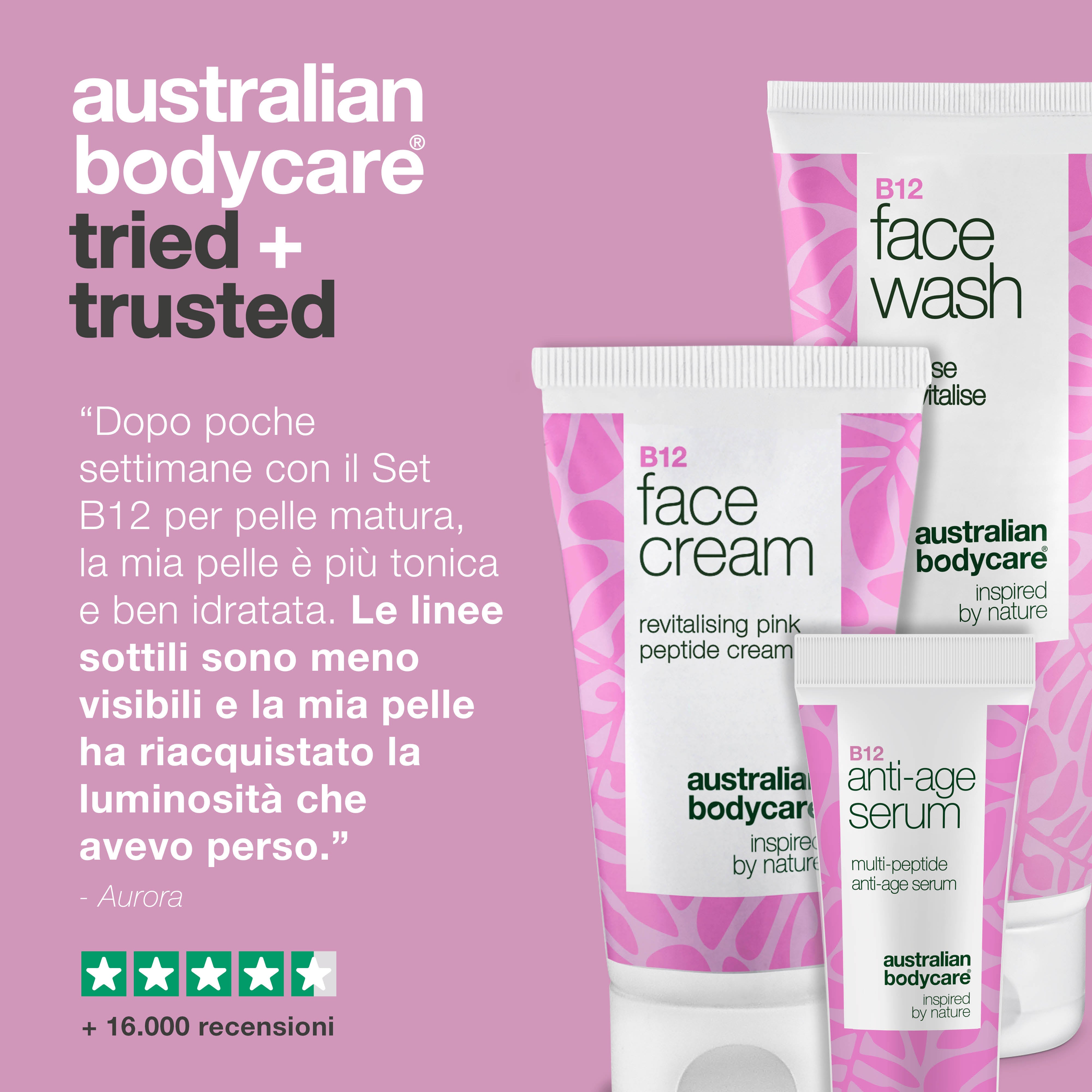 B12 Detergente viso, siero e crema per pelli mature — Cura efficace per la pelle matura. Detergente, siero e crema B12 per una pelle compatta e luminosa.