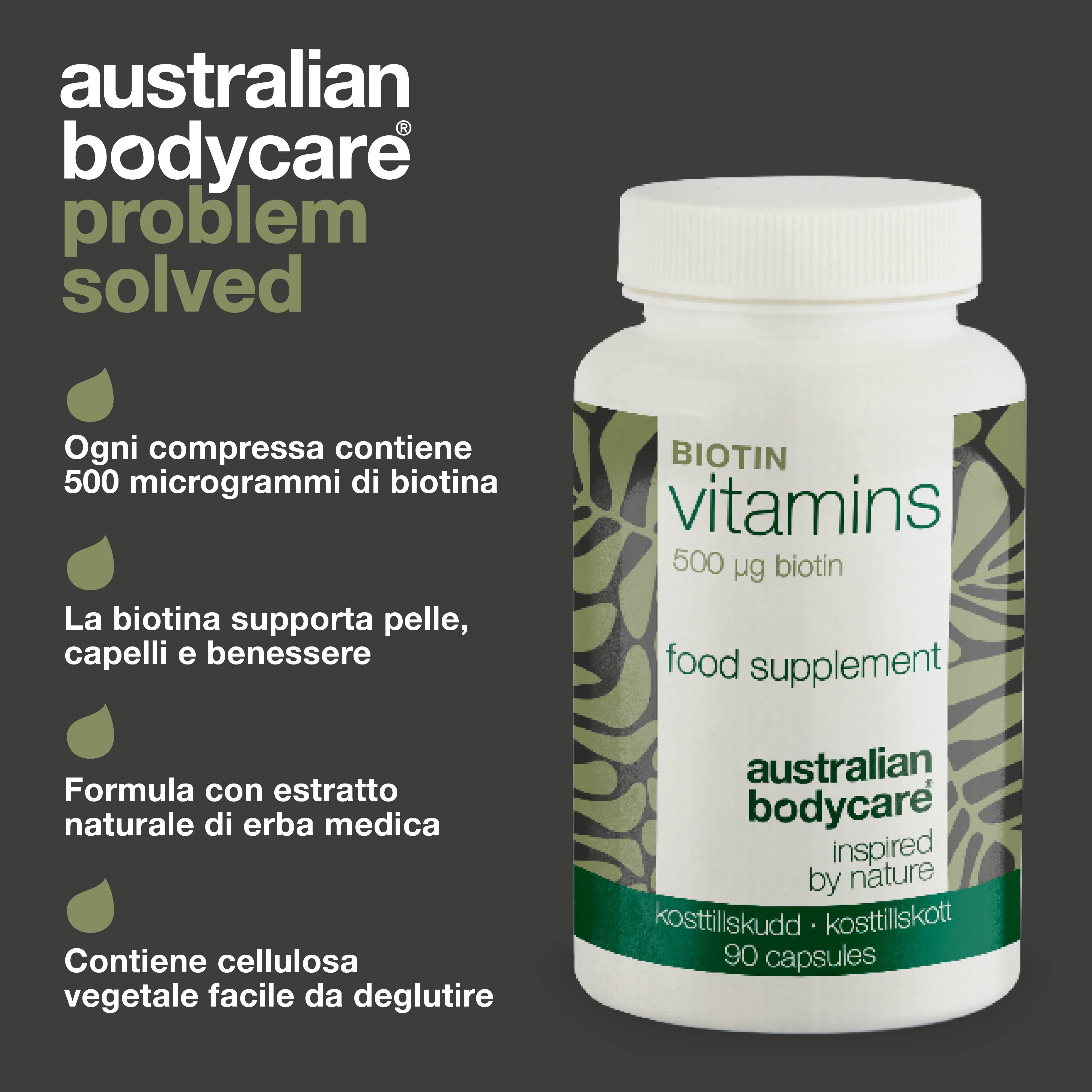 Integratore Biotina 500 µg – Vitamina B7 – 90 compresse — Integratore con 500 µg di biotina B7 – supporto per capelli, pelle e mucose. Contiene biotina, Medicago sativa e cellulosa.