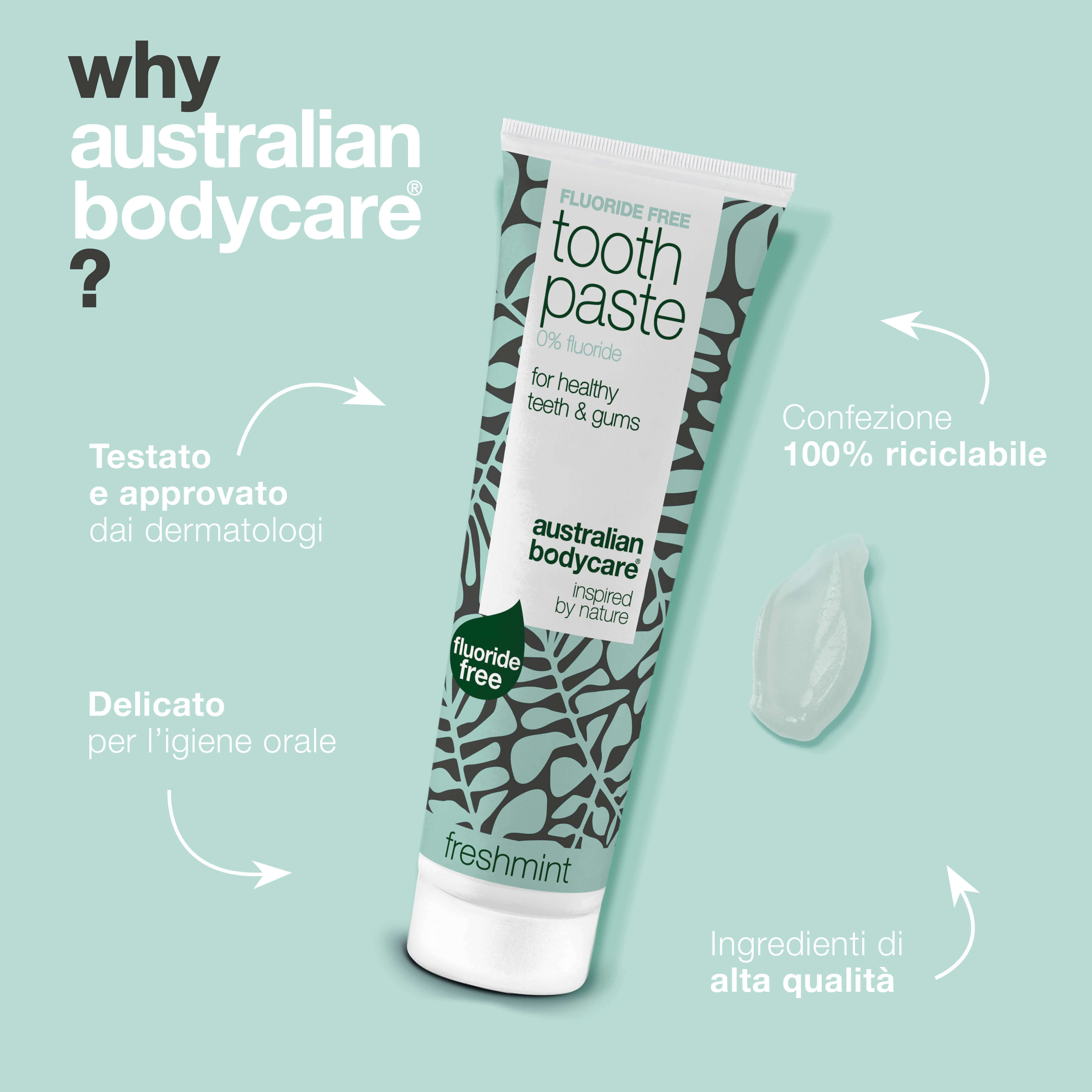 Dentifricio senza fluoro – per denti sani e alito fresco — Dentifricio senza fluoro che rimuove la placca, protegge le gengive e rinfresca l’alito. Ideale per l’uso quotidiano.