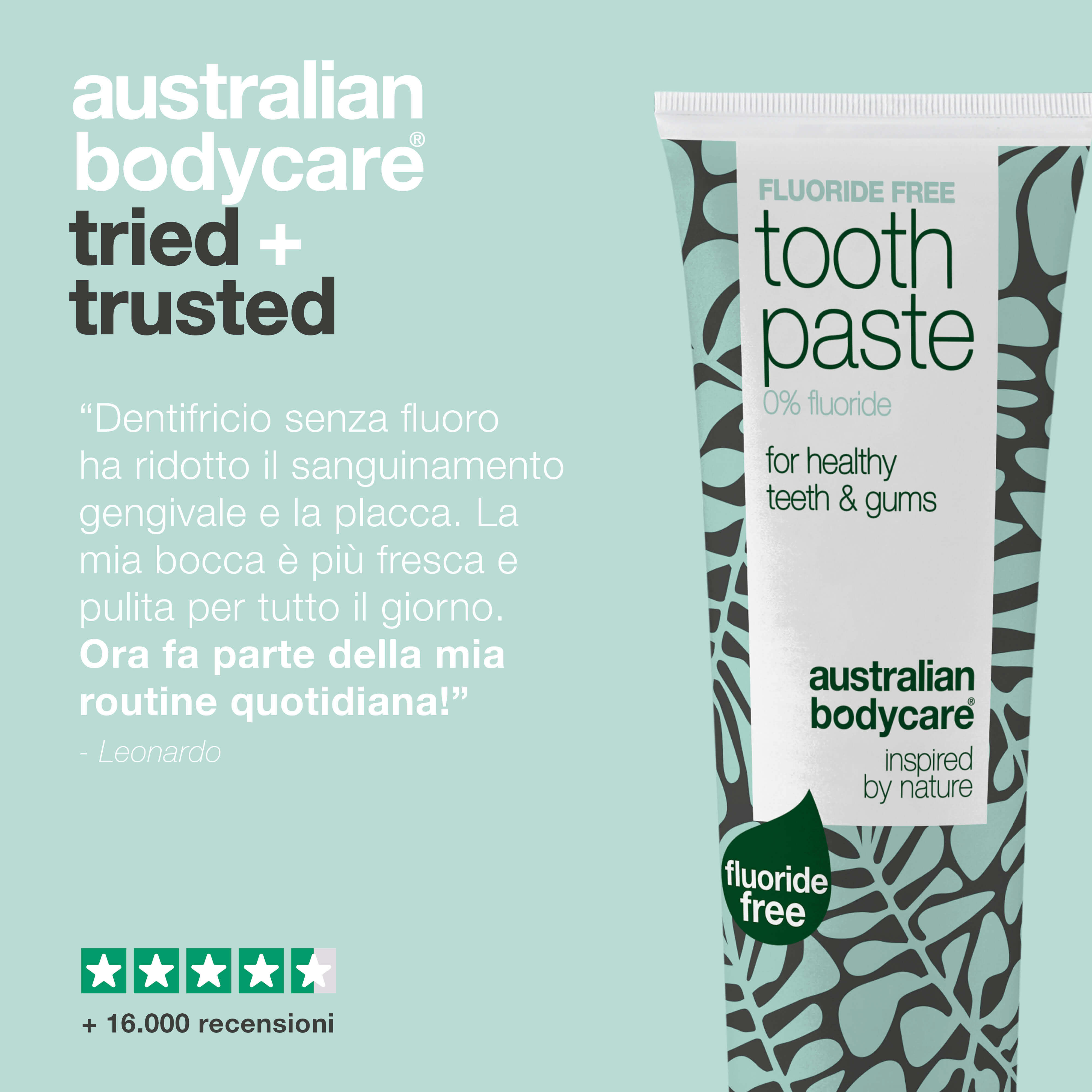 Dentifricio senza fluoro – per denti sani e alito fresco — Dentifricio senza fluoro che rimuove la placca, protegge le gengive e rinfresca l’alito. Ideale per l’uso quotidiano.