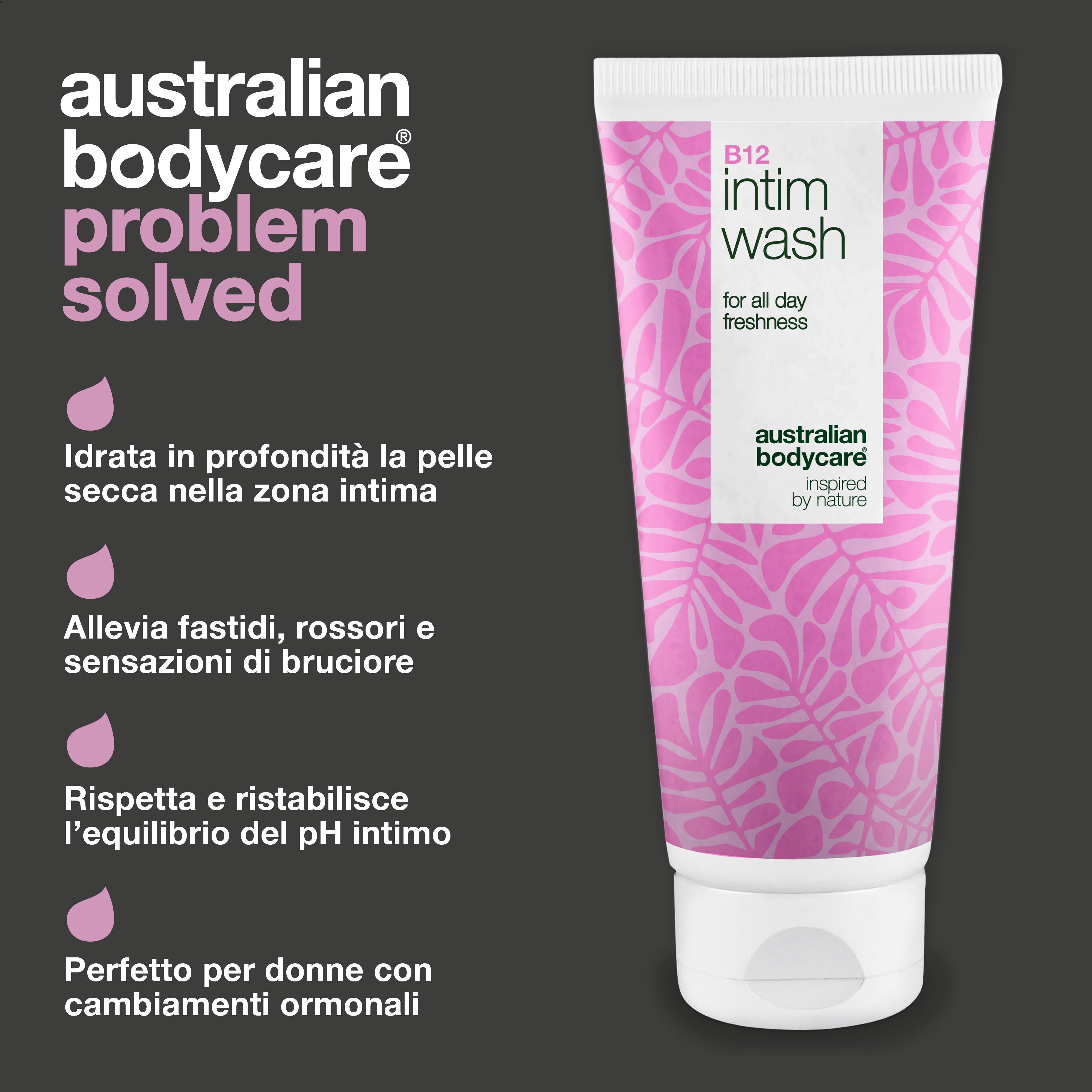 Detergente intimo per secchezza, irritazione e fastidi. Con vitamina B12, glicerina idratante e tensioattivi di origine vegetale. Ideale per 40+.