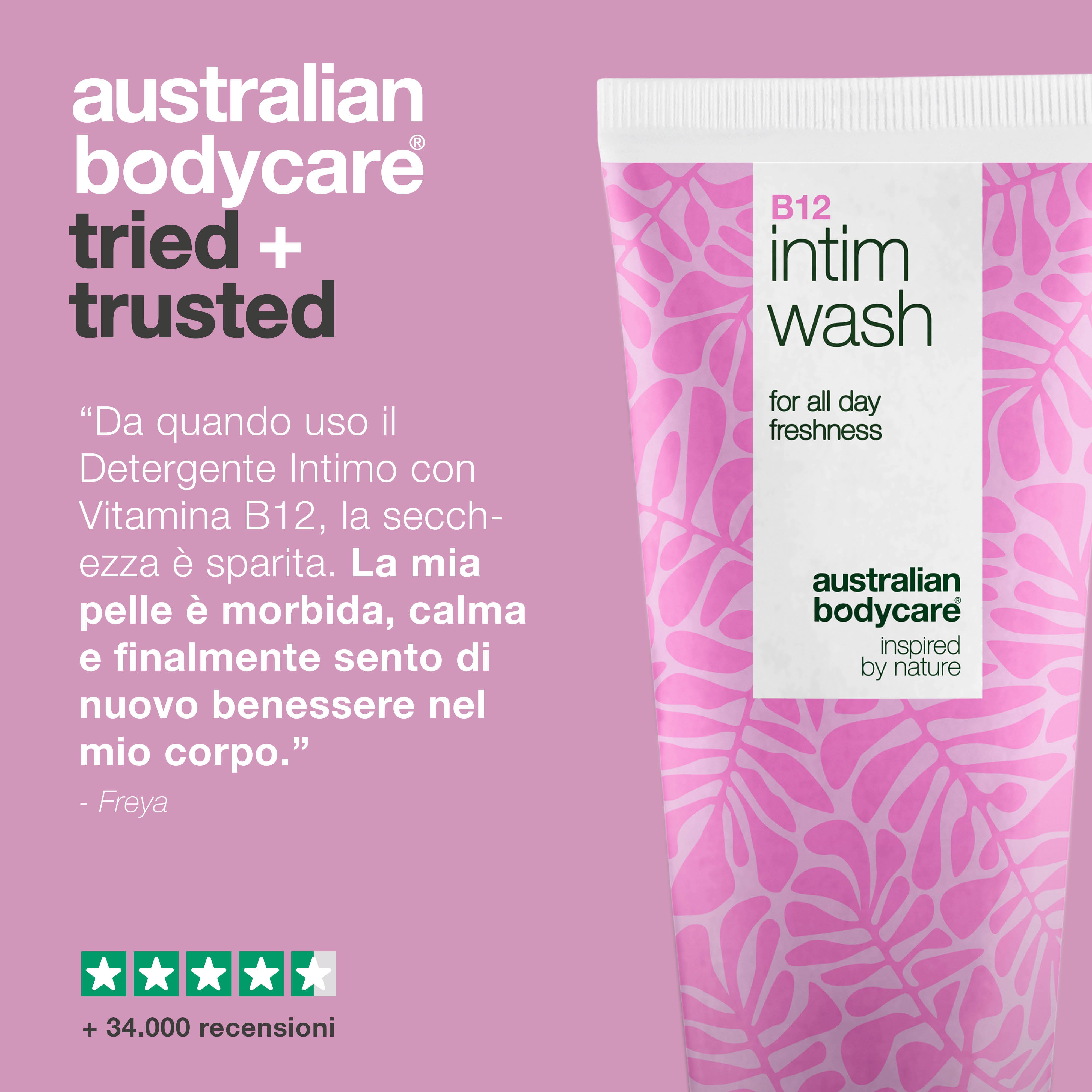 Detergente intimo per secchezza, irritazione e fastidi. Con vitamina B12, glicerina idratante e tensioattivi di origine vegetale. Ideale per 40+.