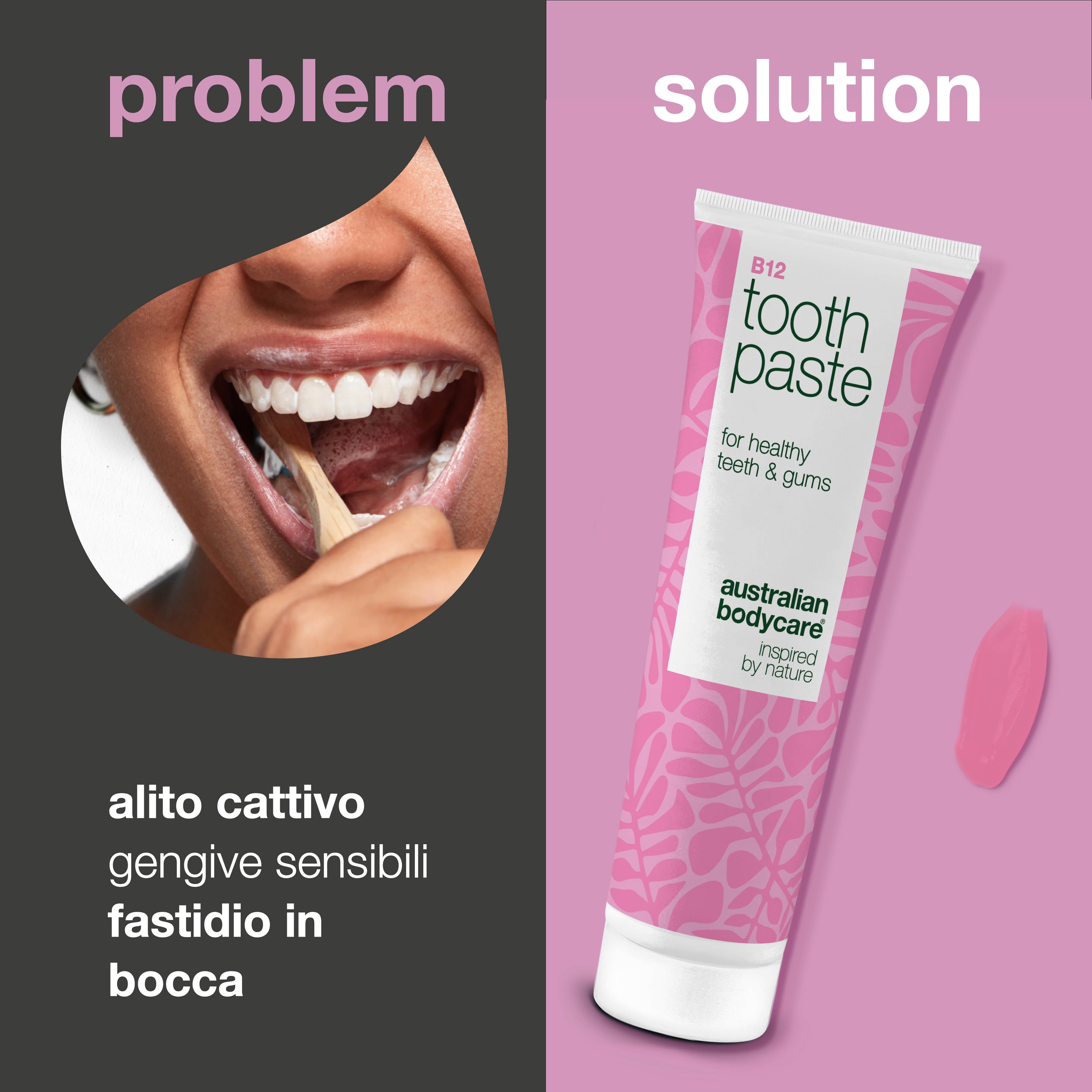 Dentifricio alla Vitamina B12 allevia la secchezza e previene l’alito cattivo. Con B12, fluoro, zinco, olio di limone e menta per una bocca sana e fresca.