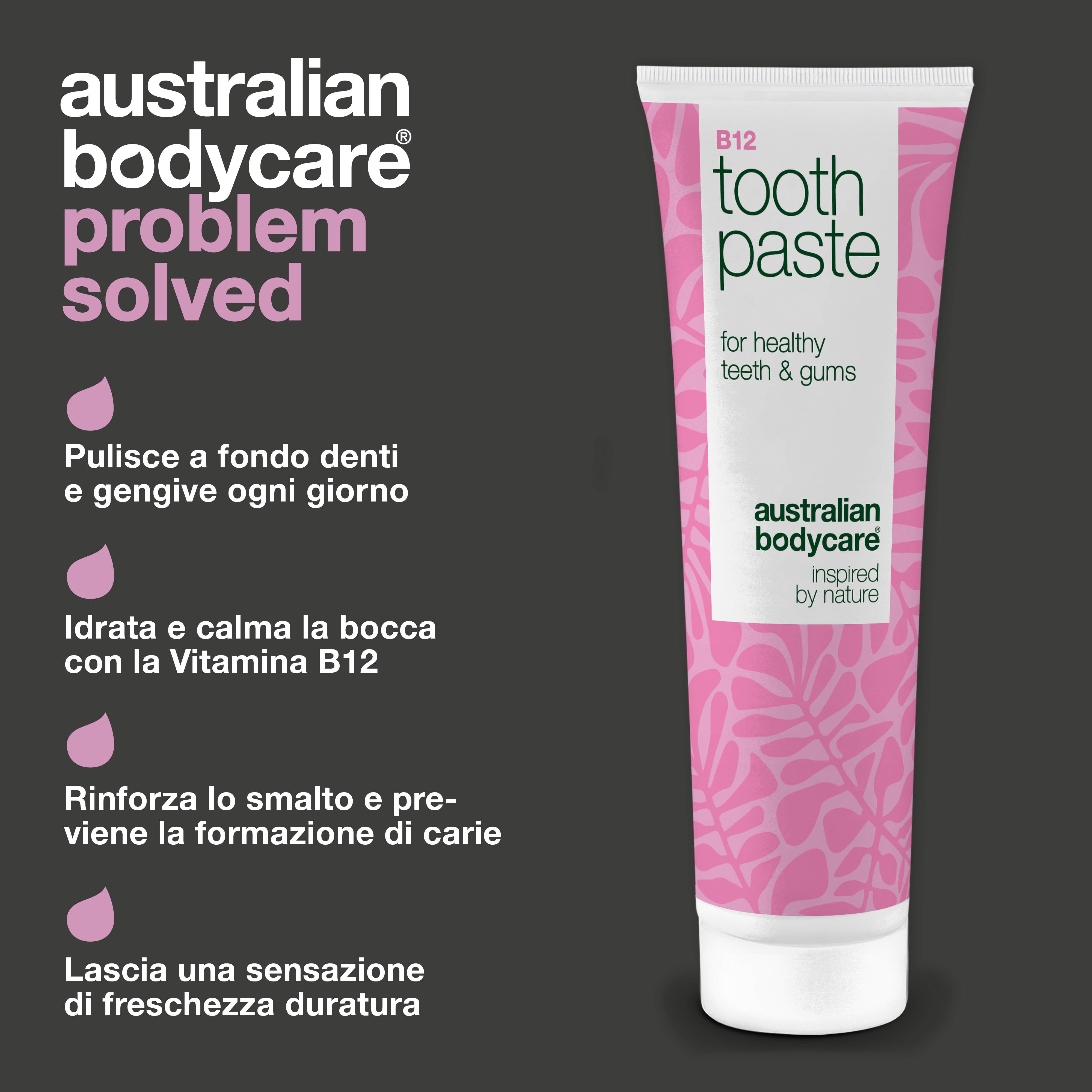 Dentifricio alla Vitamina B12 allevia la secchezza e previene l’alito cattivo. Con B12, fluoro, zinco, olio di limone e menta per una bocca sana e fresca.