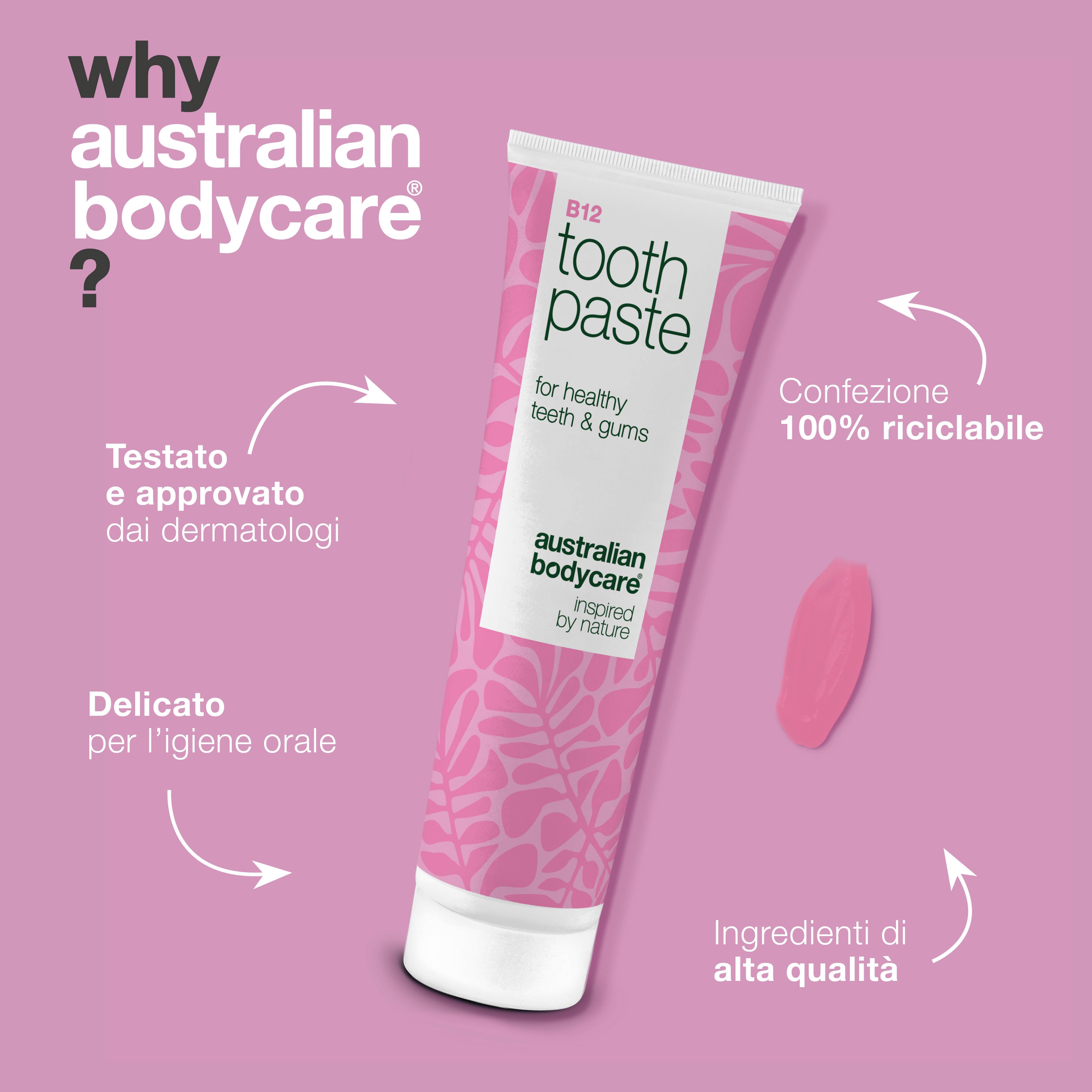 Dentifricio alla Vitamina B12 allevia la secchezza e previene l’alito cattivo. Con B12, fluoro, zinco, olio di limone e menta per una bocca sana e fresca.