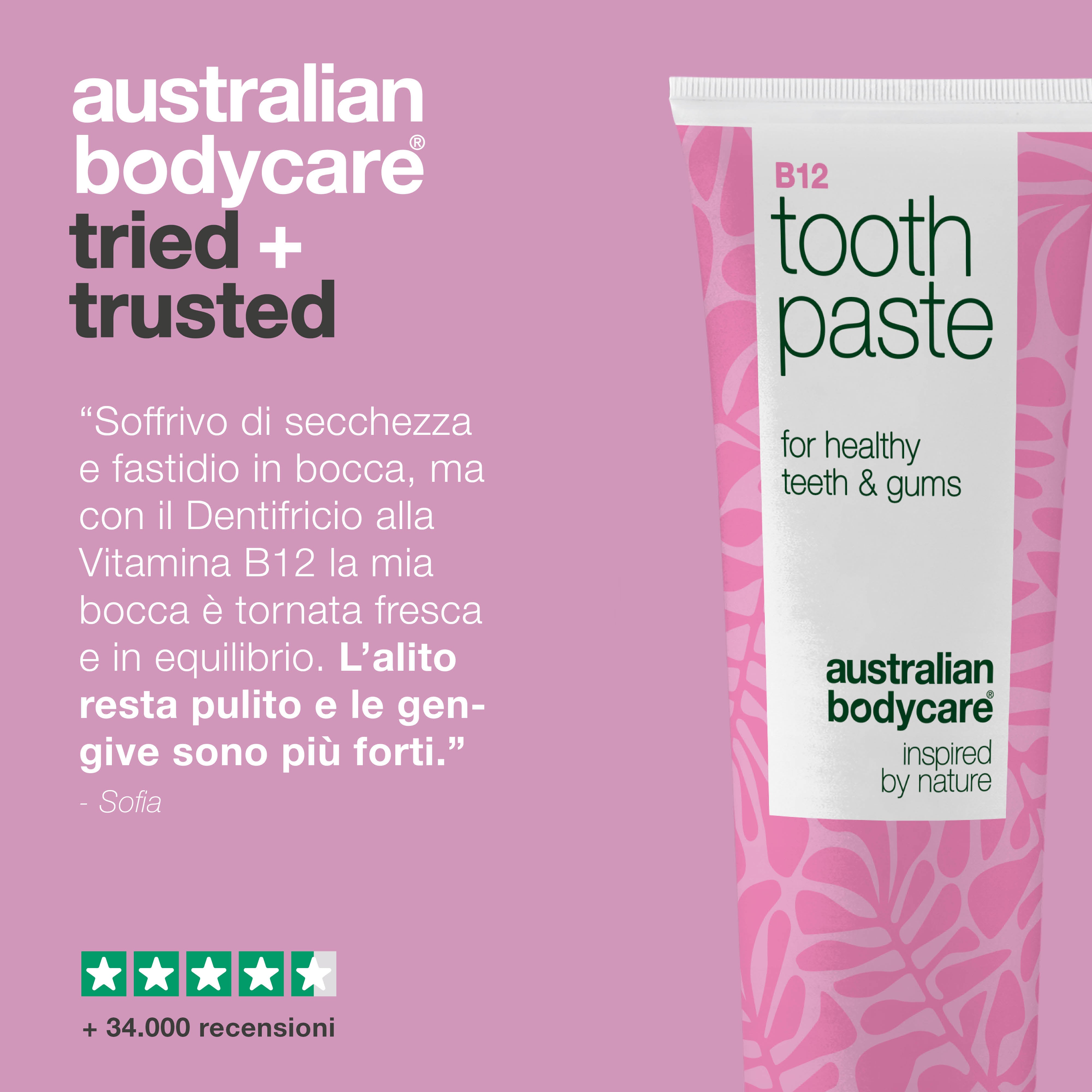 Dentifricio alla Vitamina B12 allevia la secchezza e previene l’alito cattivo. Con B12, fluoro, zinco, olio di limone e menta per una bocca sana e fresca.