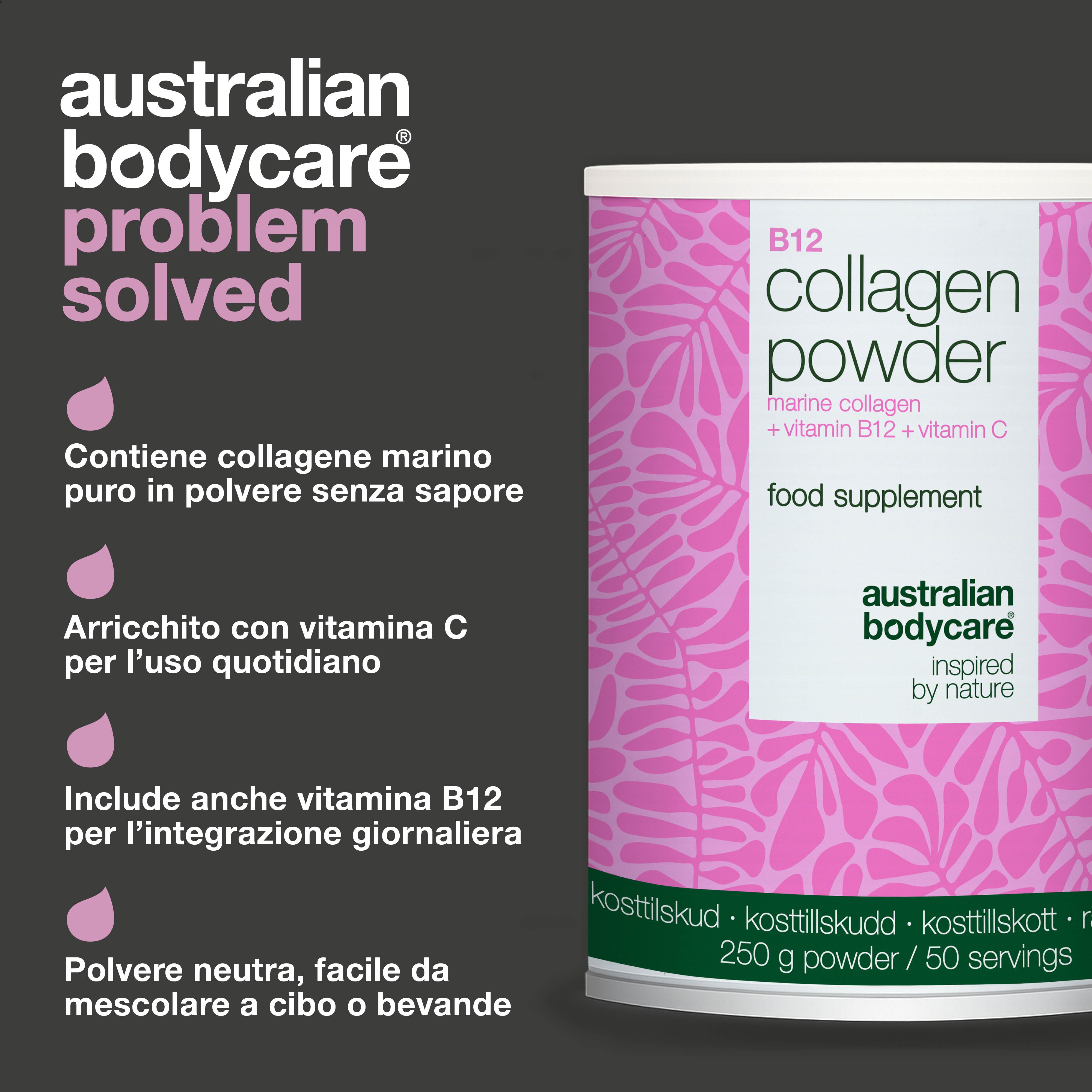 Polvere di collagene per l’uso quotidiano in bevande o alimenti. Facile da integrare nella tua routine. Con collagene marino, vitamina C e B12.