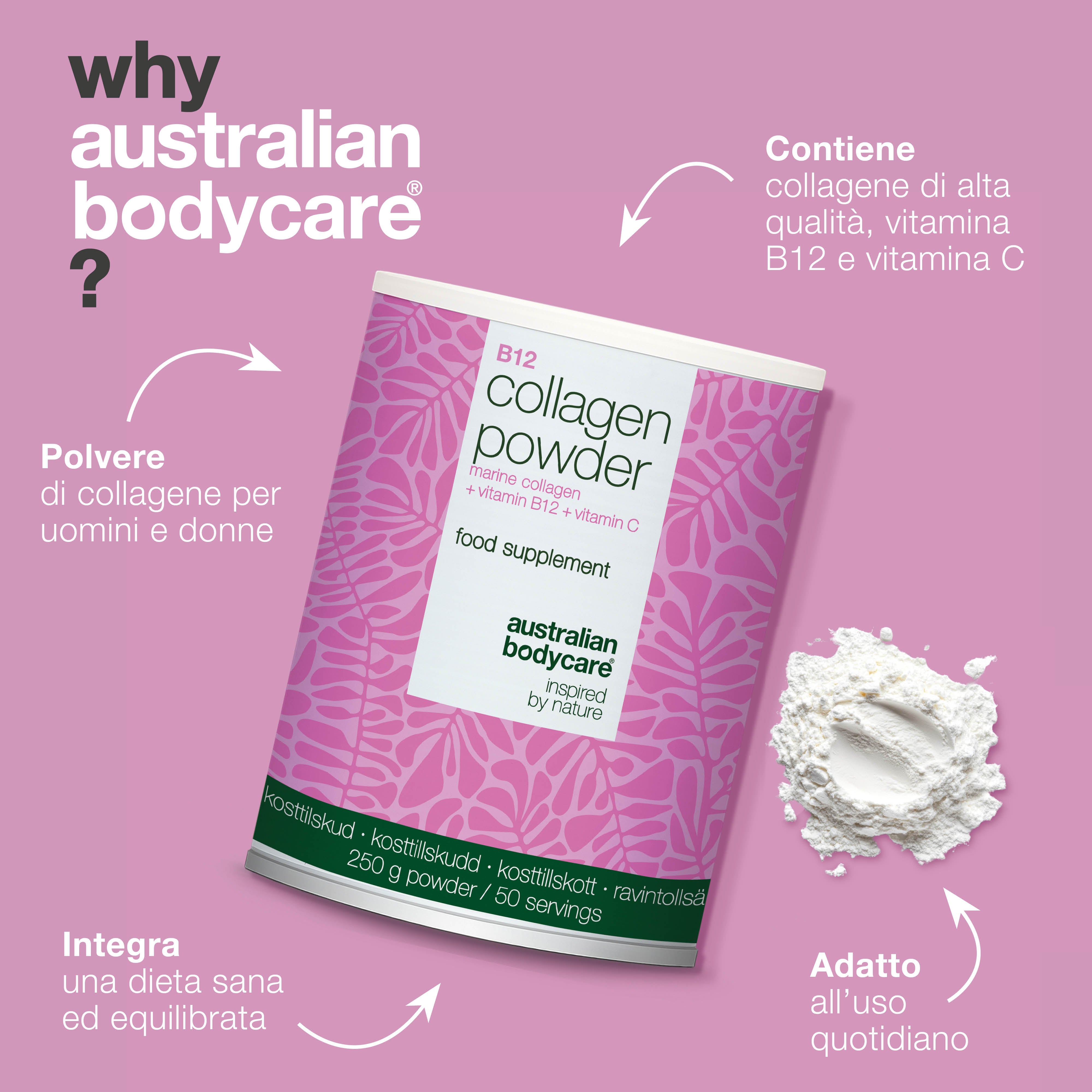 Polvere di collagene per l’uso quotidiano in bevande o alimenti. Facile da integrare nella tua routine. Con collagene marino, vitamina C e B12.