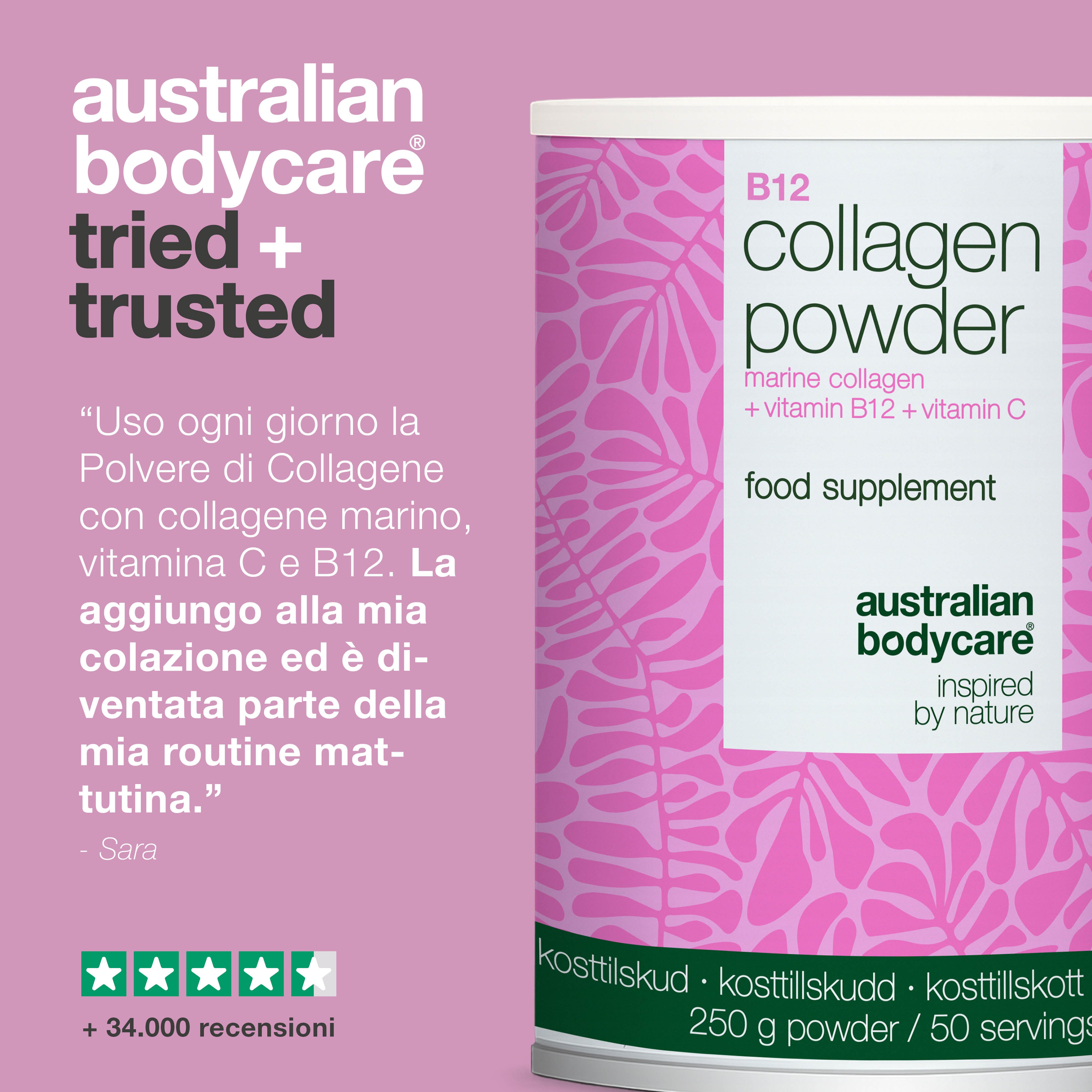 Polvere di collagene per l’uso quotidiano in bevande o alimenti. Facile da integrare nella tua routine. Con collagene marino, vitamina C e B12.