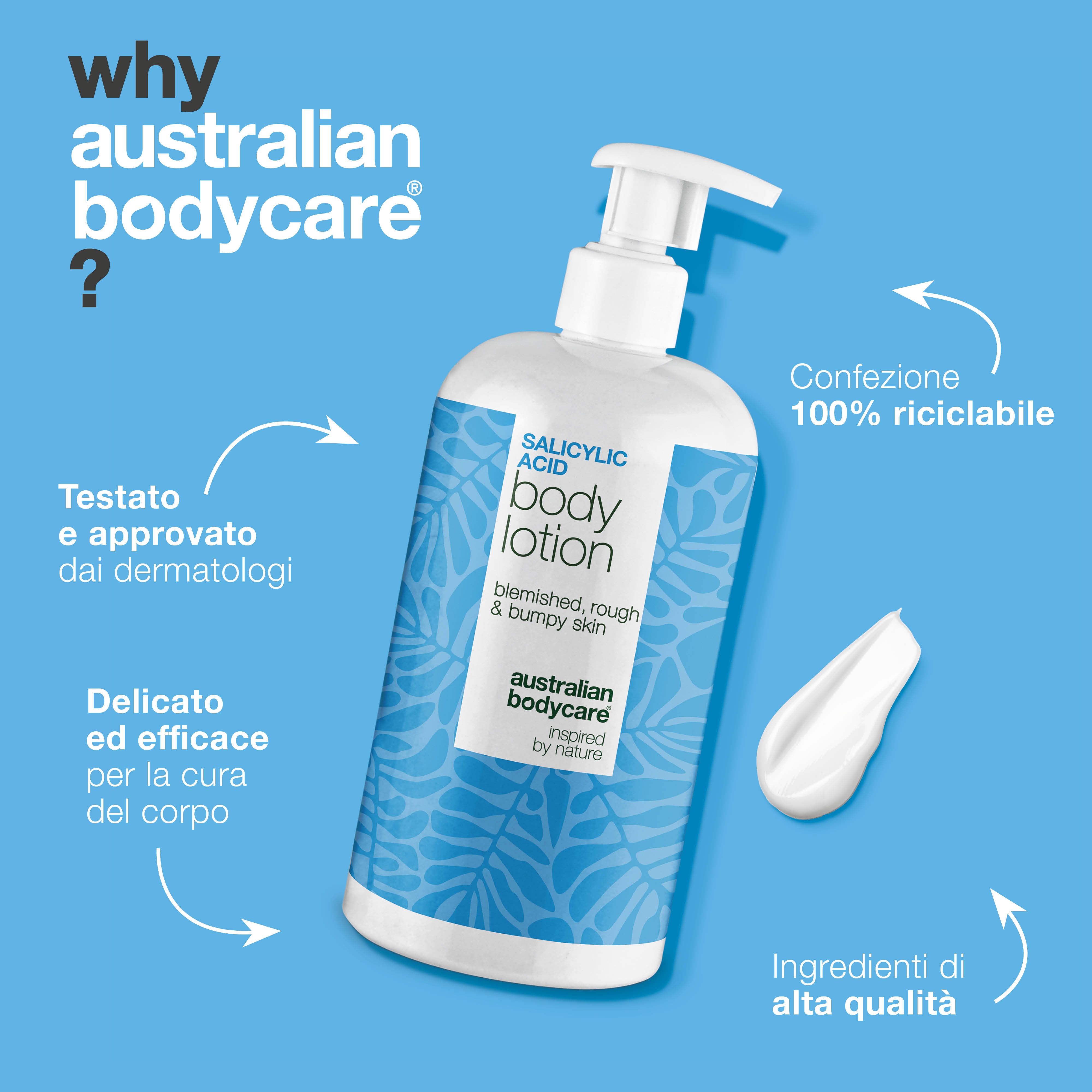 Lozione corpo con acido salicilico – pelle secca e ruvida — Lozione con acido salicilico che esfolia, idrata e aiuta a levigare la pelle secca e ruvida. Perfetta per l’uso quotidiano.