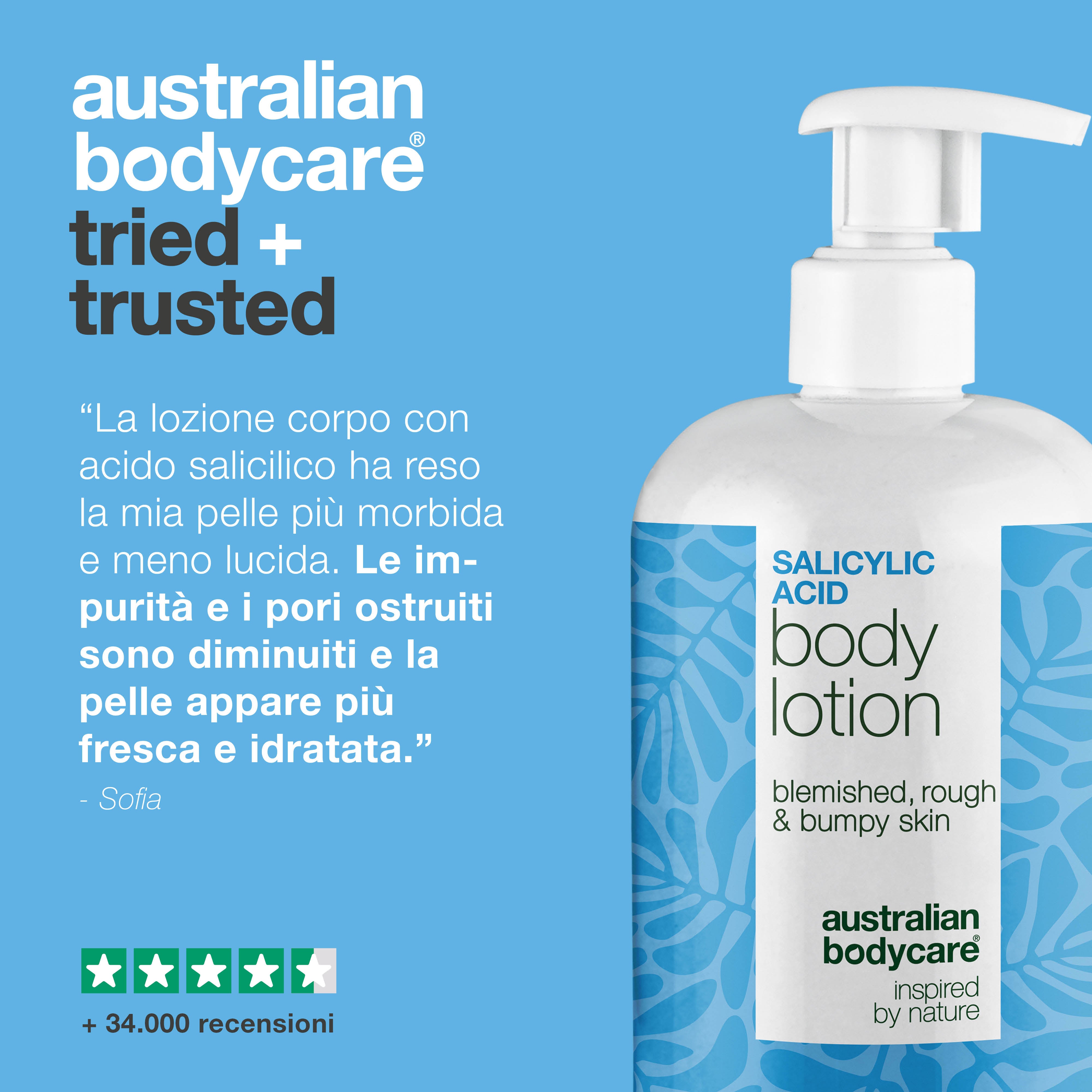 Lozione corpo con acido salicilico – pelle secca e ruvida — Lozione con acido salicilico che esfolia, idrata e aiuta a levigare la pelle secca e ruvida. Perfetta per l’uso quotidiano.