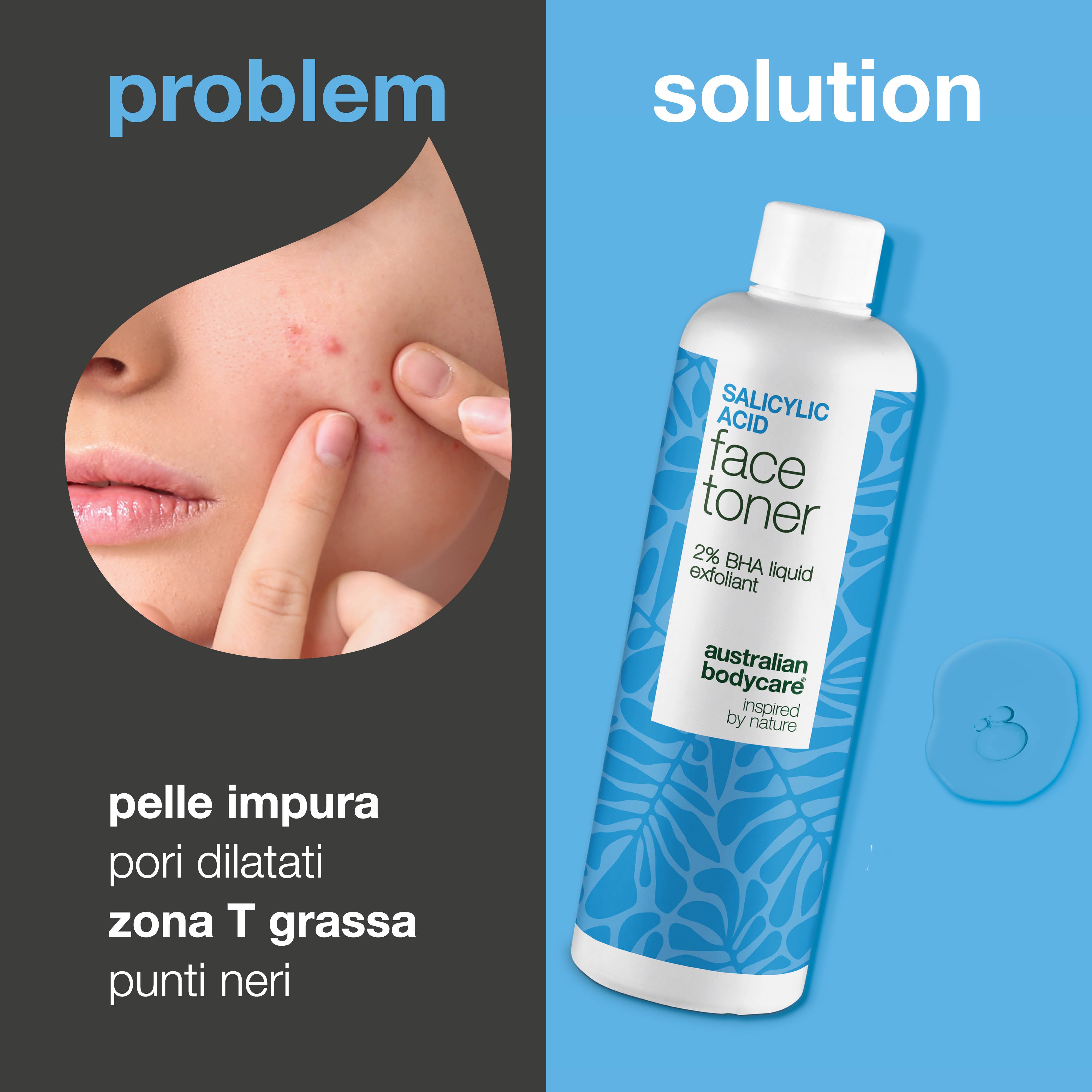 Salicylic Acid toner combatte punti neri, imperfezioni e sebo in eccesso. Uso quotidiano. Contiene Salicylic Acid di Australian Bodycare.