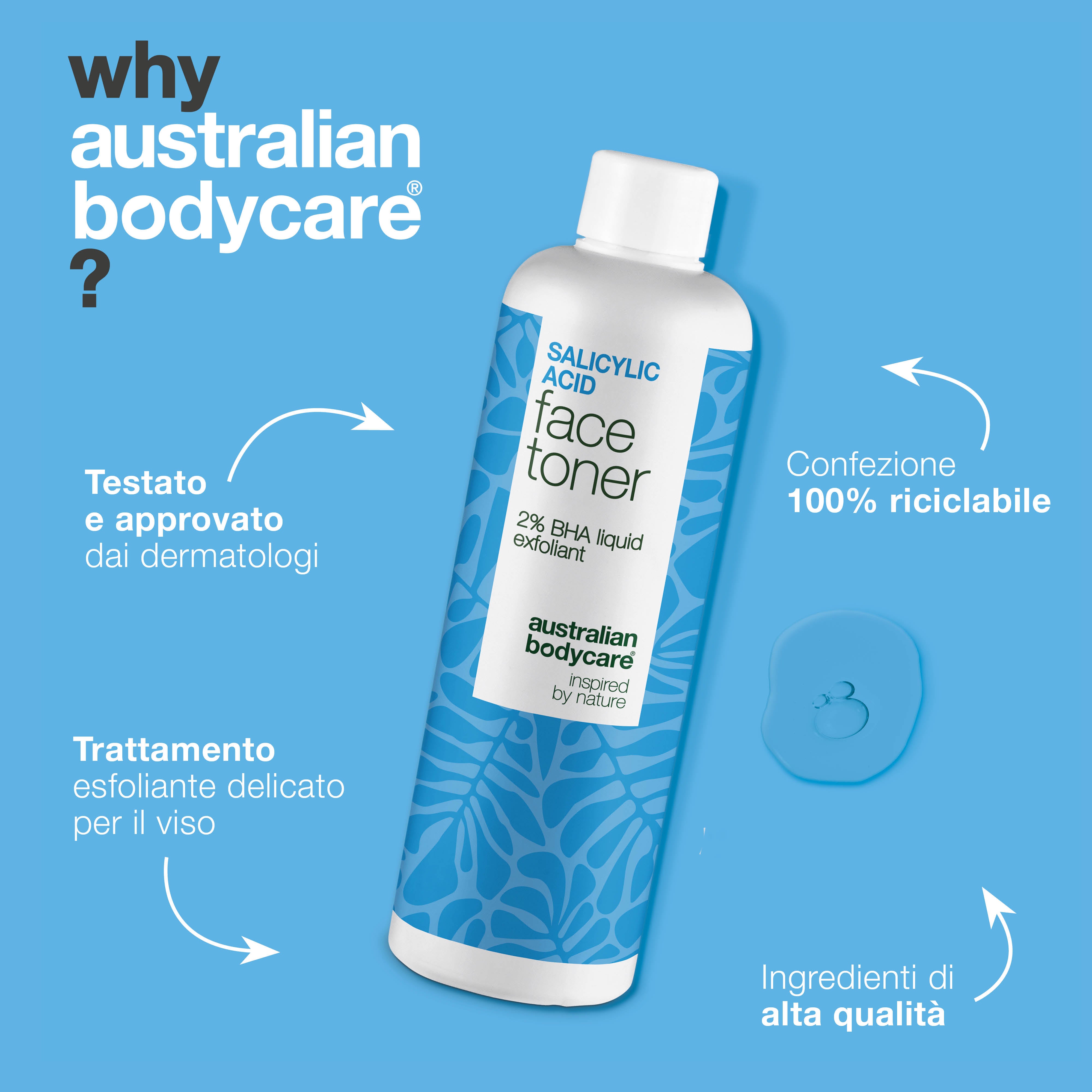 Salicylic Acid toner combatte punti neri, imperfezioni e sebo in eccesso. Uso quotidiano. Contiene Salicylic Acid di Australian Bodycare.