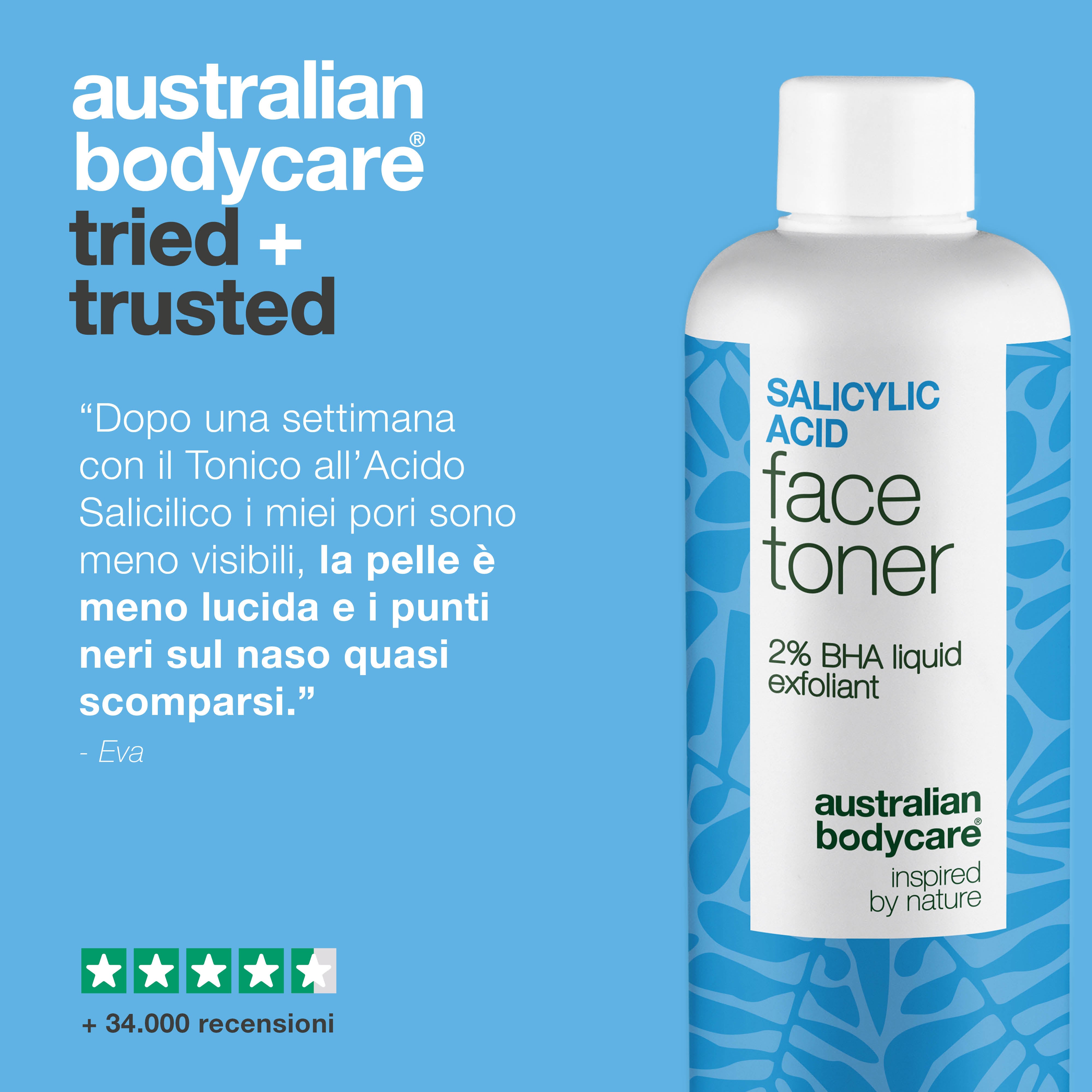 Salicylic Acid toner combatte punti neri, imperfezioni e sebo in eccesso. Uso quotidiano. Contiene Salicylic Acid di Australian Bodycare.