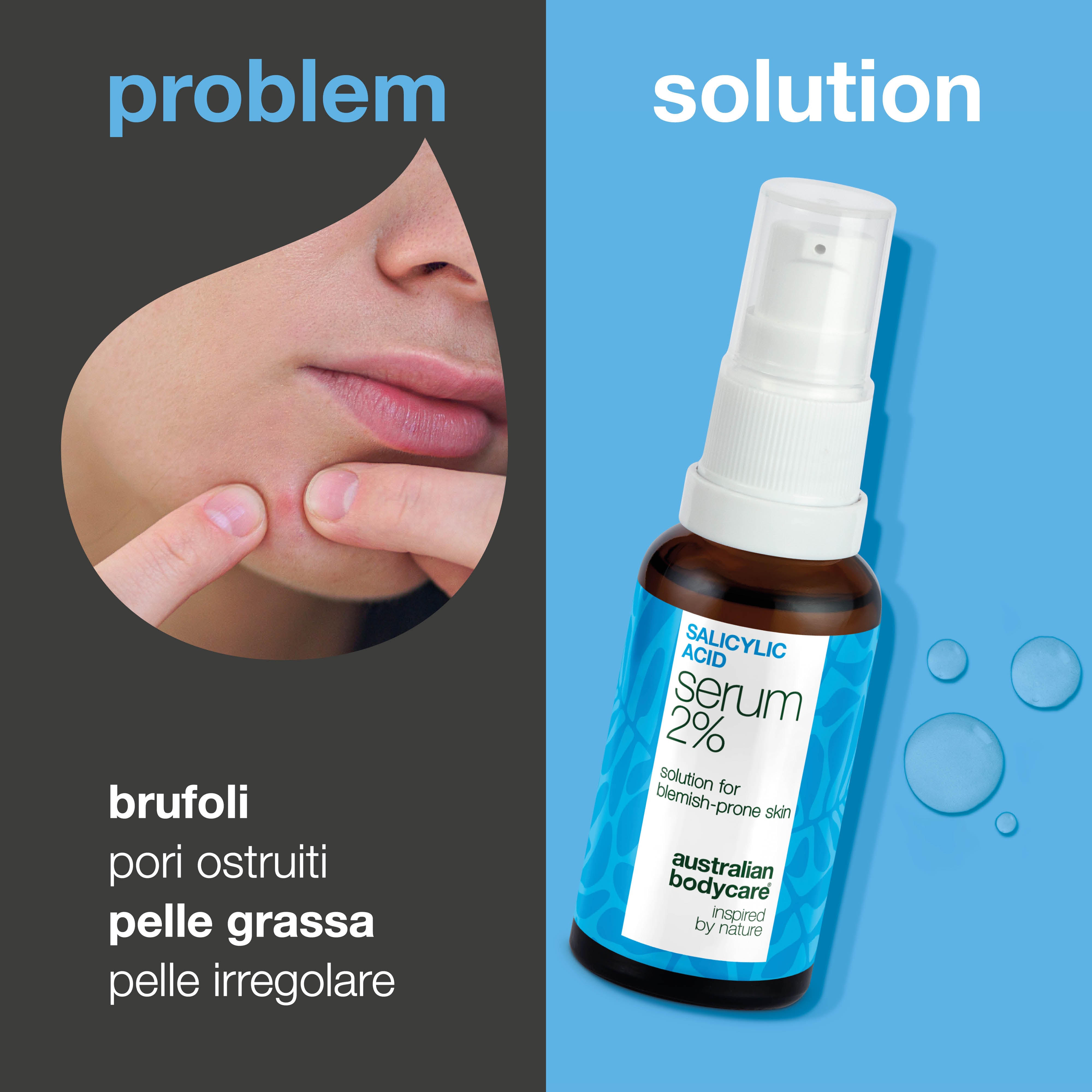 Siero acido salicilico 2% per brufoli, punti neri e pori ostruiti. Formula efficace con Zinc PCA, tè verde, glicerina e acido ialuronico.