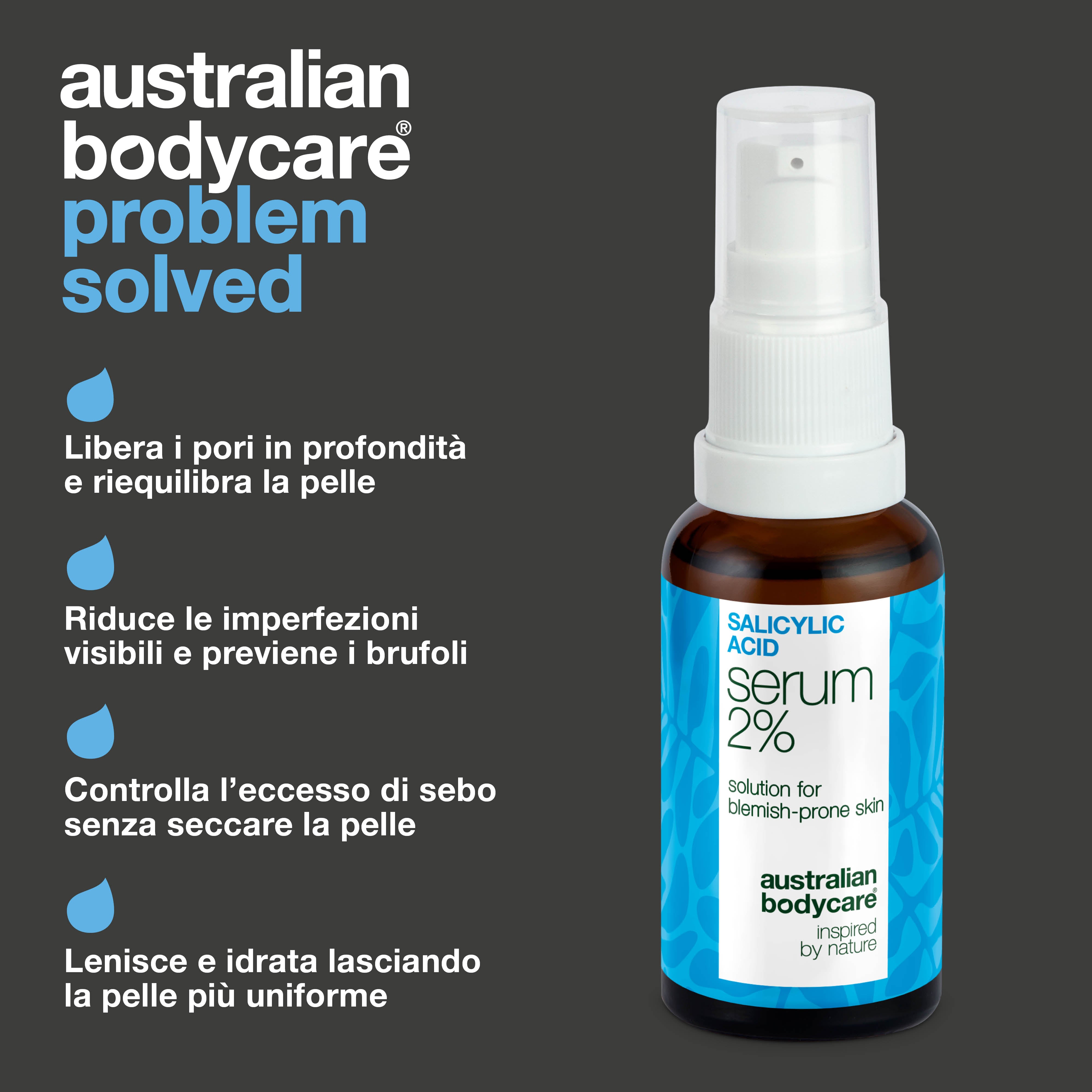 Siero acido salicilico 2% per brufoli, punti neri e pori ostruiti. Formula efficace con Zinc PCA, tè verde, glicerina e acido ialuronico.