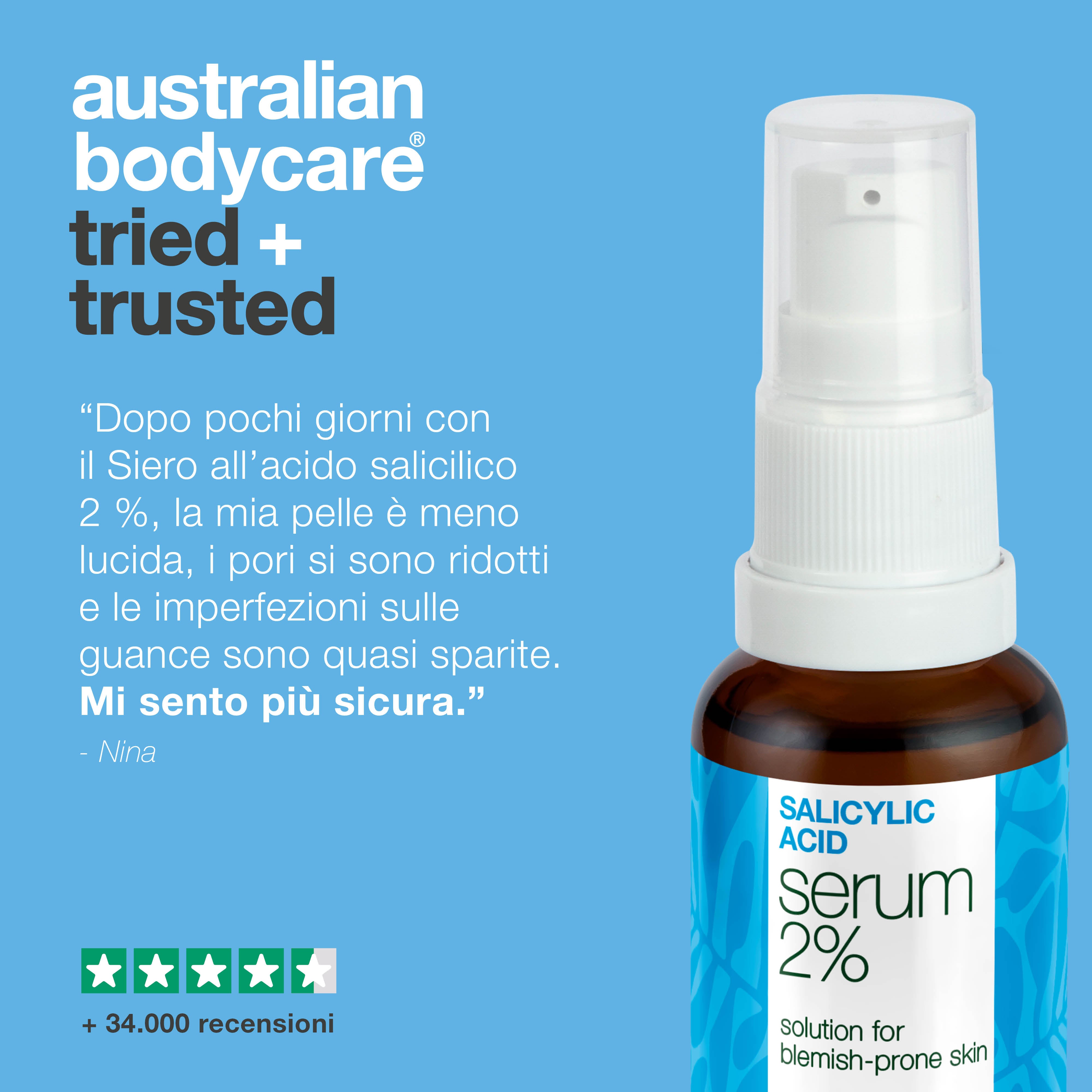 Siero acido salicilico 2% per brufoli, punti neri e pori ostruiti. Formula efficace con Zinc PCA, tè verde, glicerina e acido ialuronico.