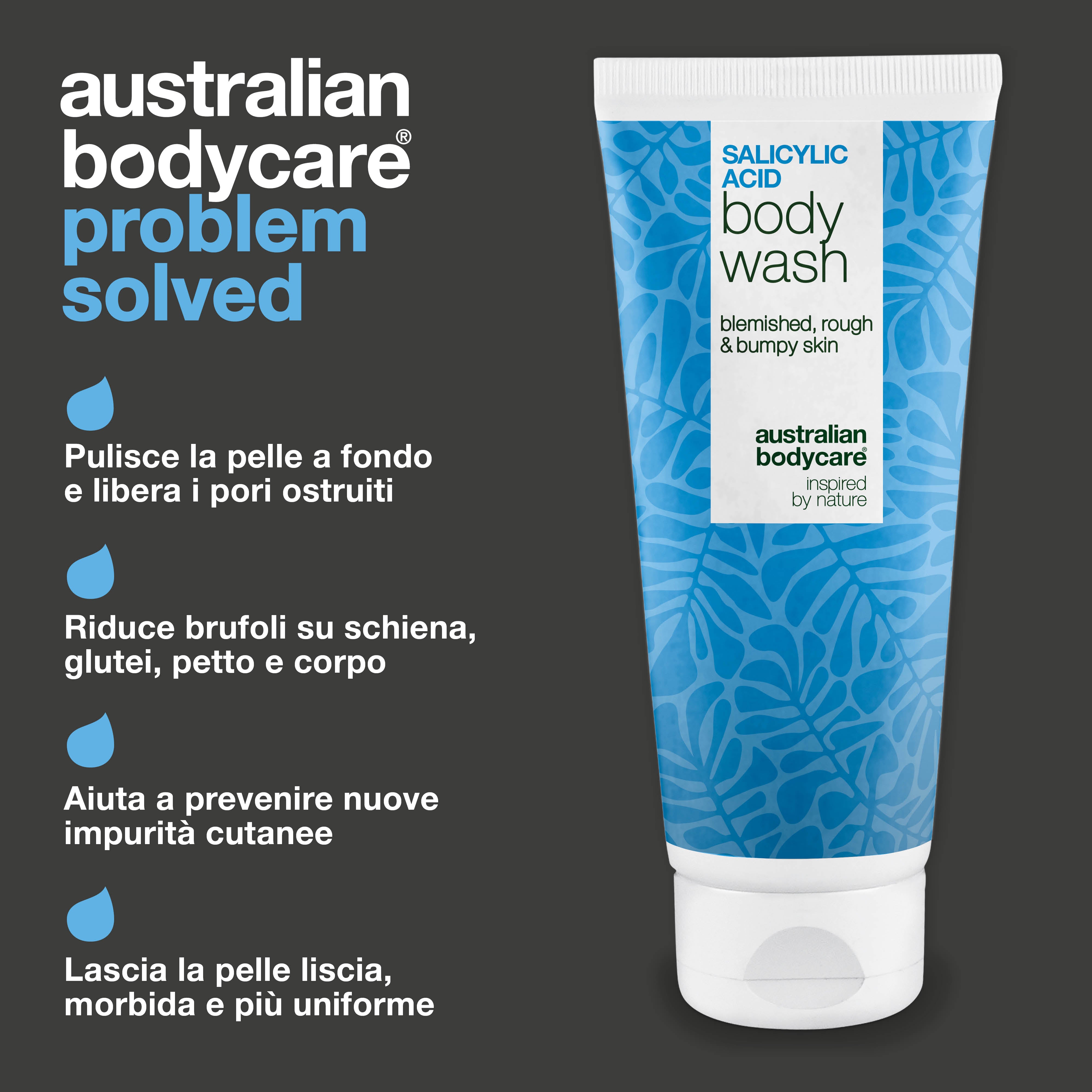 Gel doccia all'acido salicilico contro impurità e pori ostruiti sul corpo. Formula con acido salicilico, niacinamide, zinco PCA e glicerina.