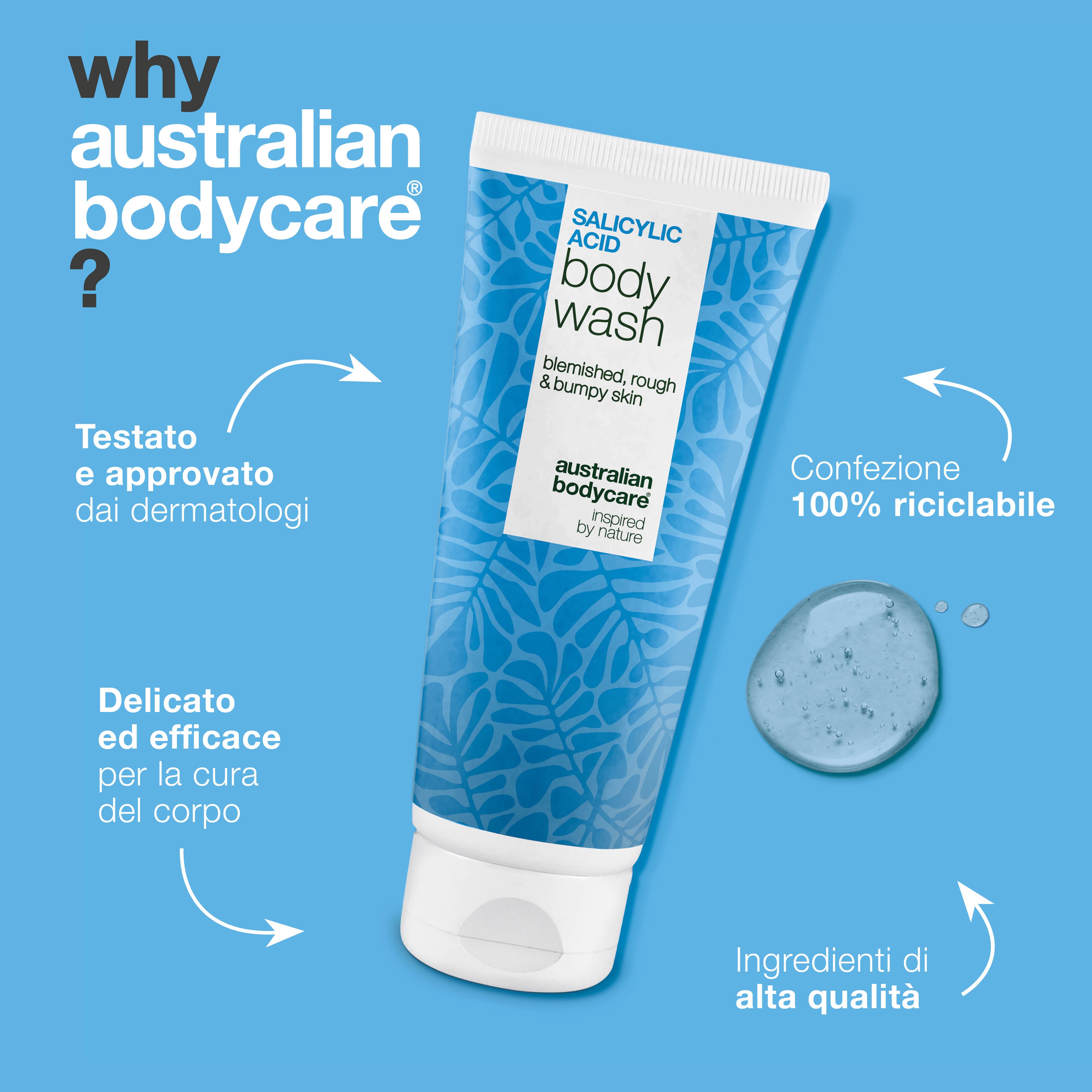 Gel doccia all'acido salicilico contro impurità e pori ostruiti sul corpo. Formula con acido salicilico, niacinamide, zinco PCA e glicerina.