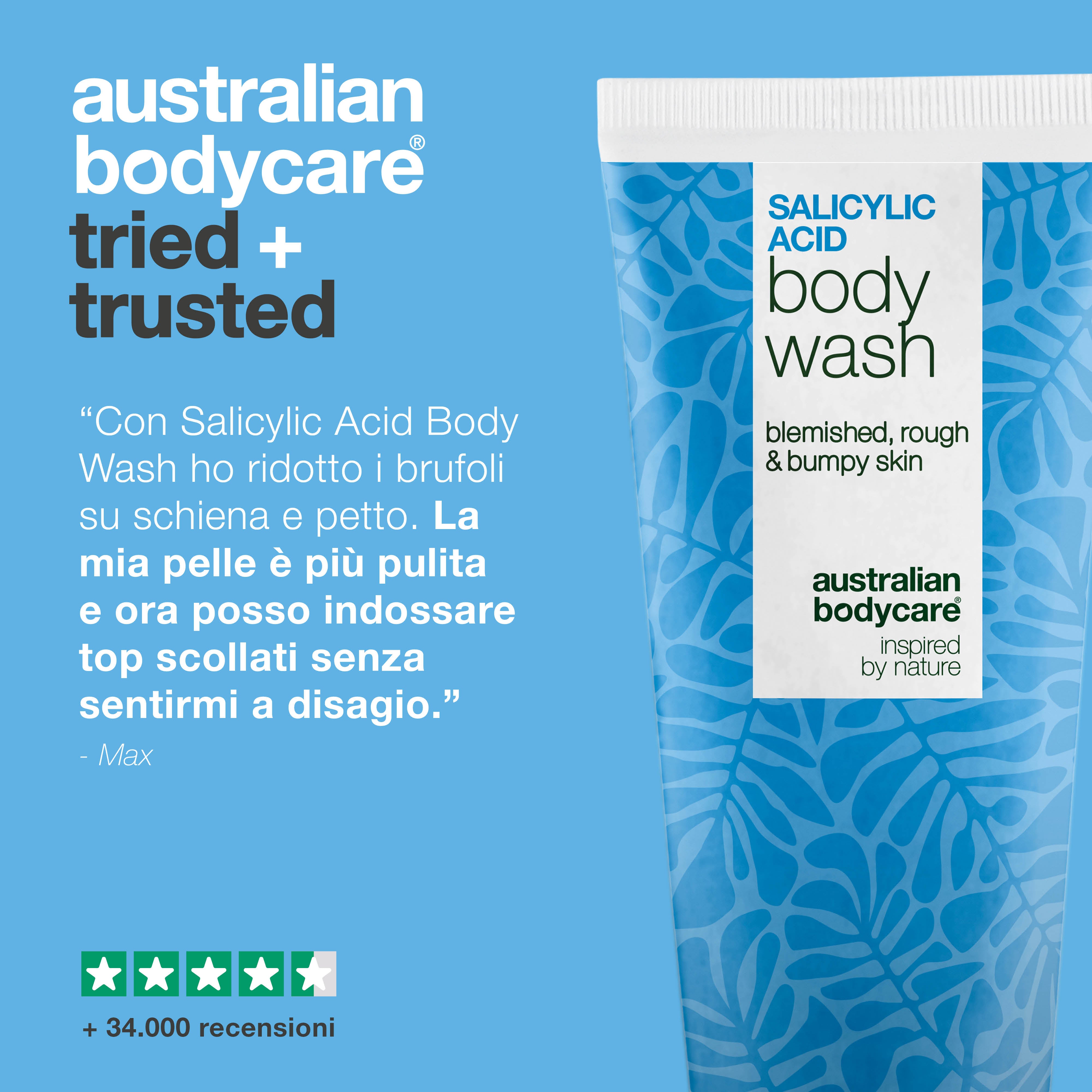 Gel doccia all'acido salicilico contro impurità e pori ostruiti sul corpo. Formula con acido salicilico, niacinamide, zinco PCA e glicerina.