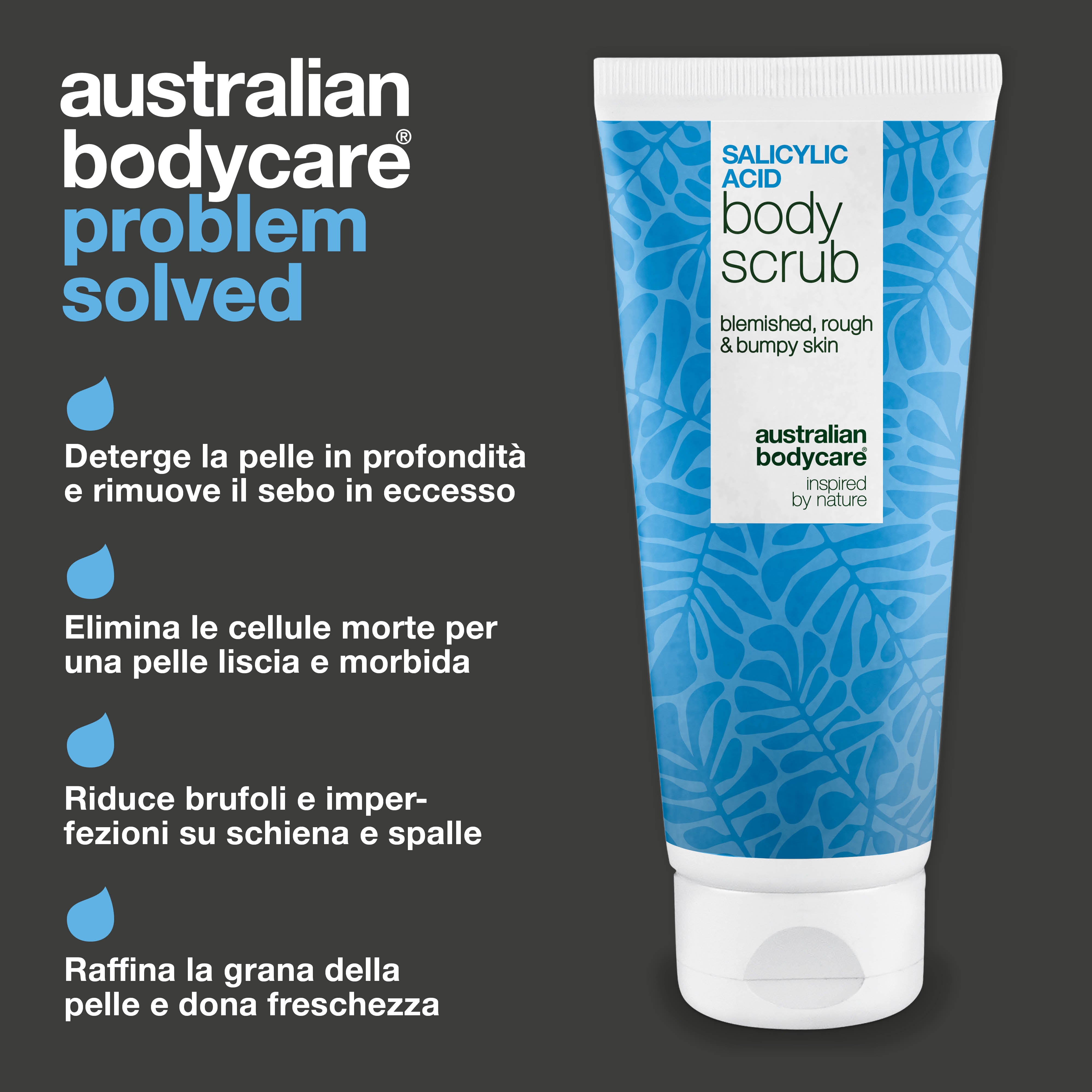 Body Scrub con acido salicilico contro brufoli e pori ostruiti — Body Scrub con acido salicilico elimina brufoli e impurità. Con acido salicilico, acido glicólico e allantoina.