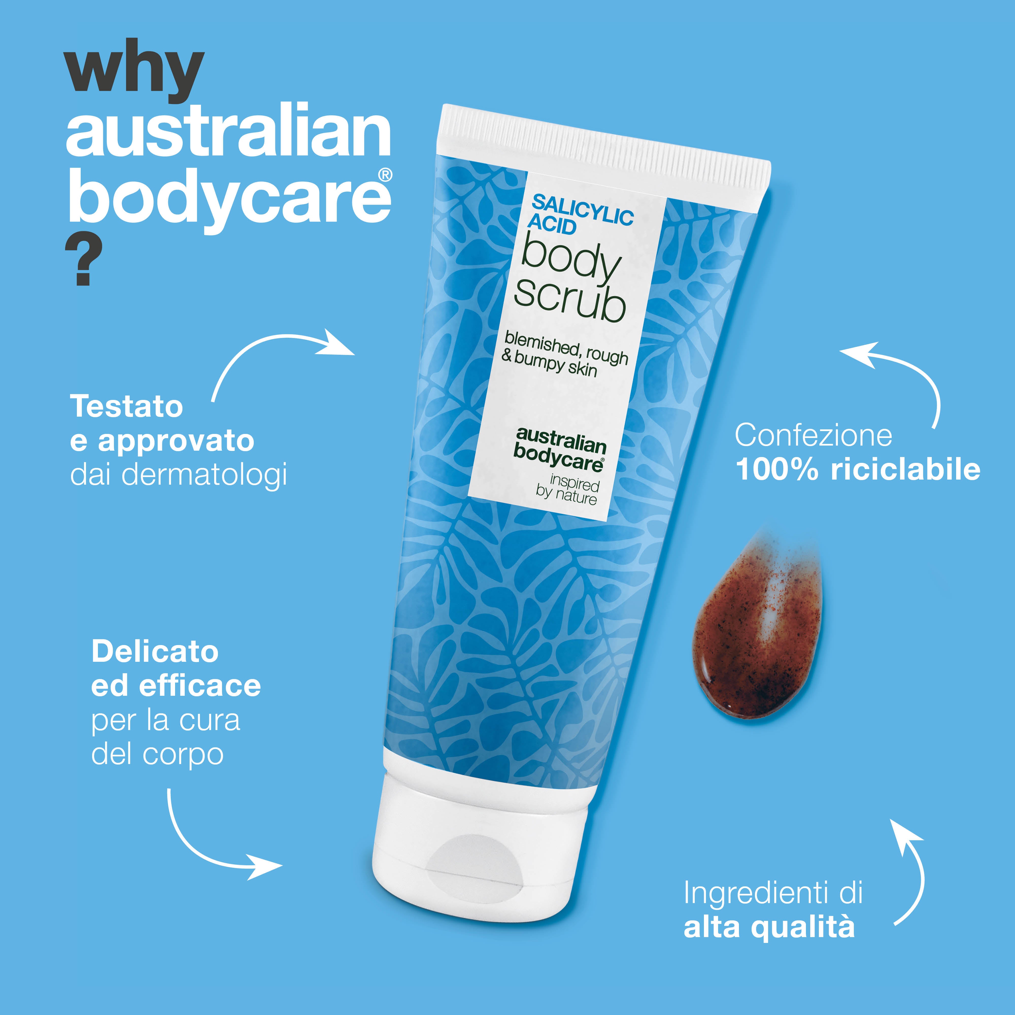 Body Scrub con acido salicilico contro brufoli e pori ostruiti — Body Scrub con acido salicilico elimina brufoli e impurità. Con acido salicilico, acido glicólico e allantoina.