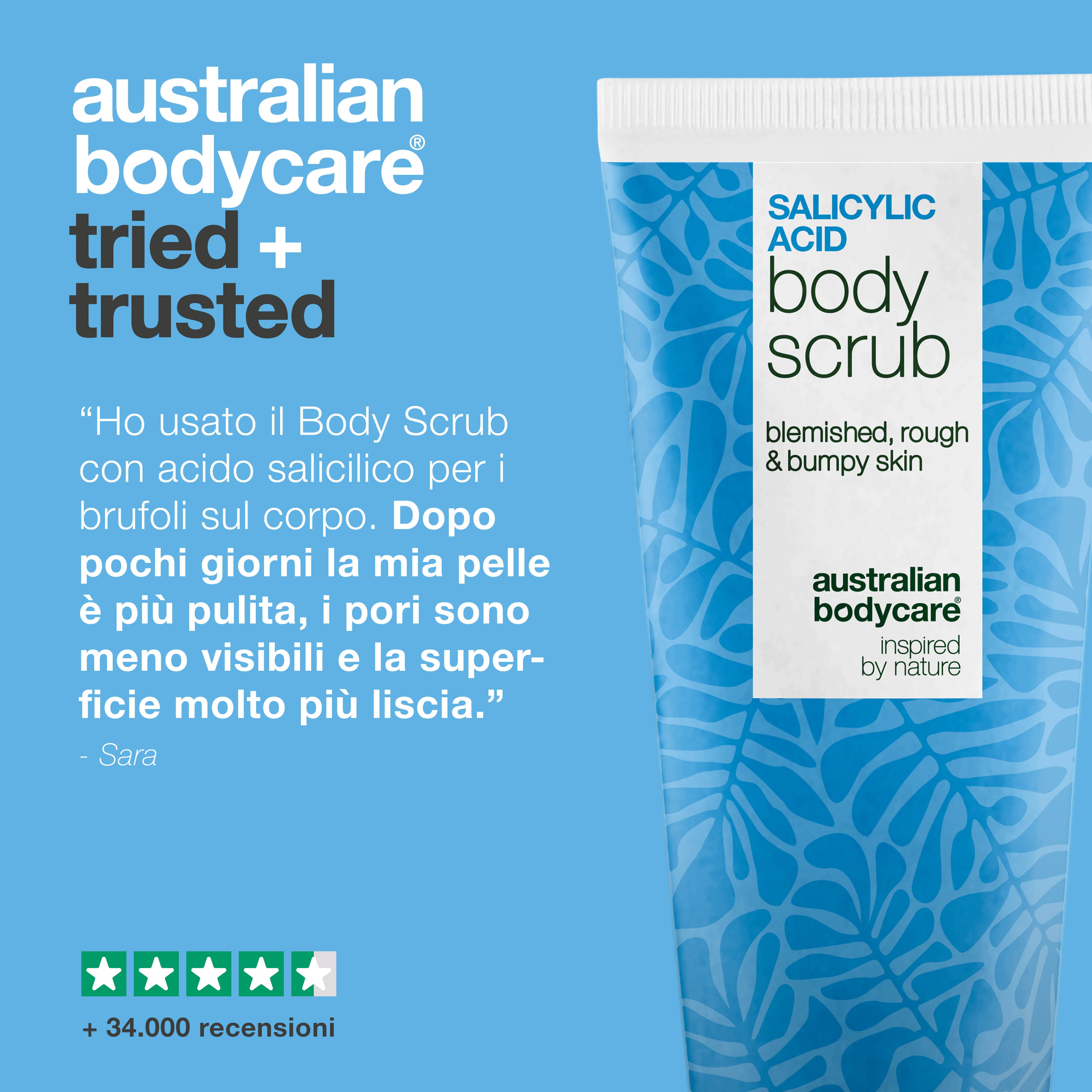 Body Scrub con acido salicilico contro brufoli e pori ostruiti — Body Scrub con acido salicilico elimina brufoli e impurità. Con acido salicilico, acido glicólico e allantoina.