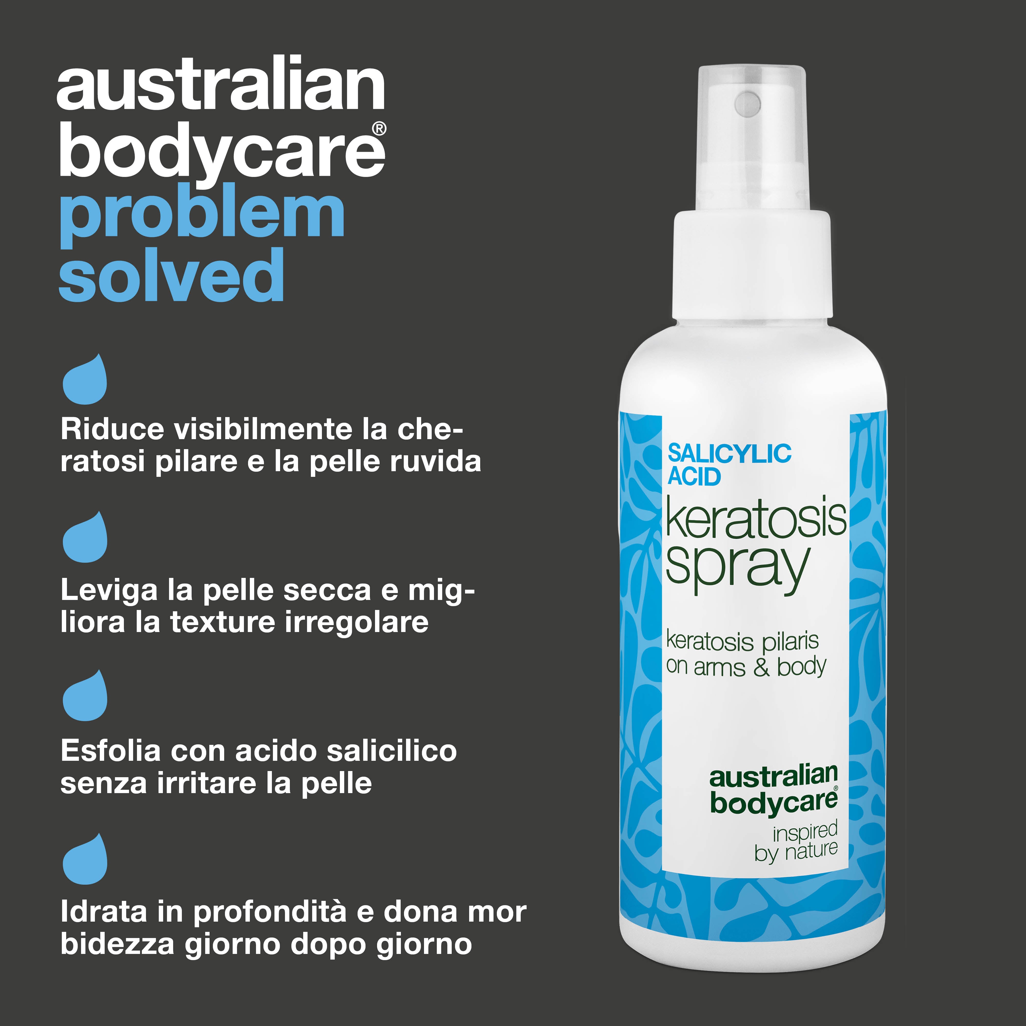 Spray cheratosi pilare per pelle ruvida e pelle a fragola — Keratosis pilaris spray leviga la pelle ruvida e a buccia d’arancia. Con acido salicilico per esfoliazione e pori puliti.