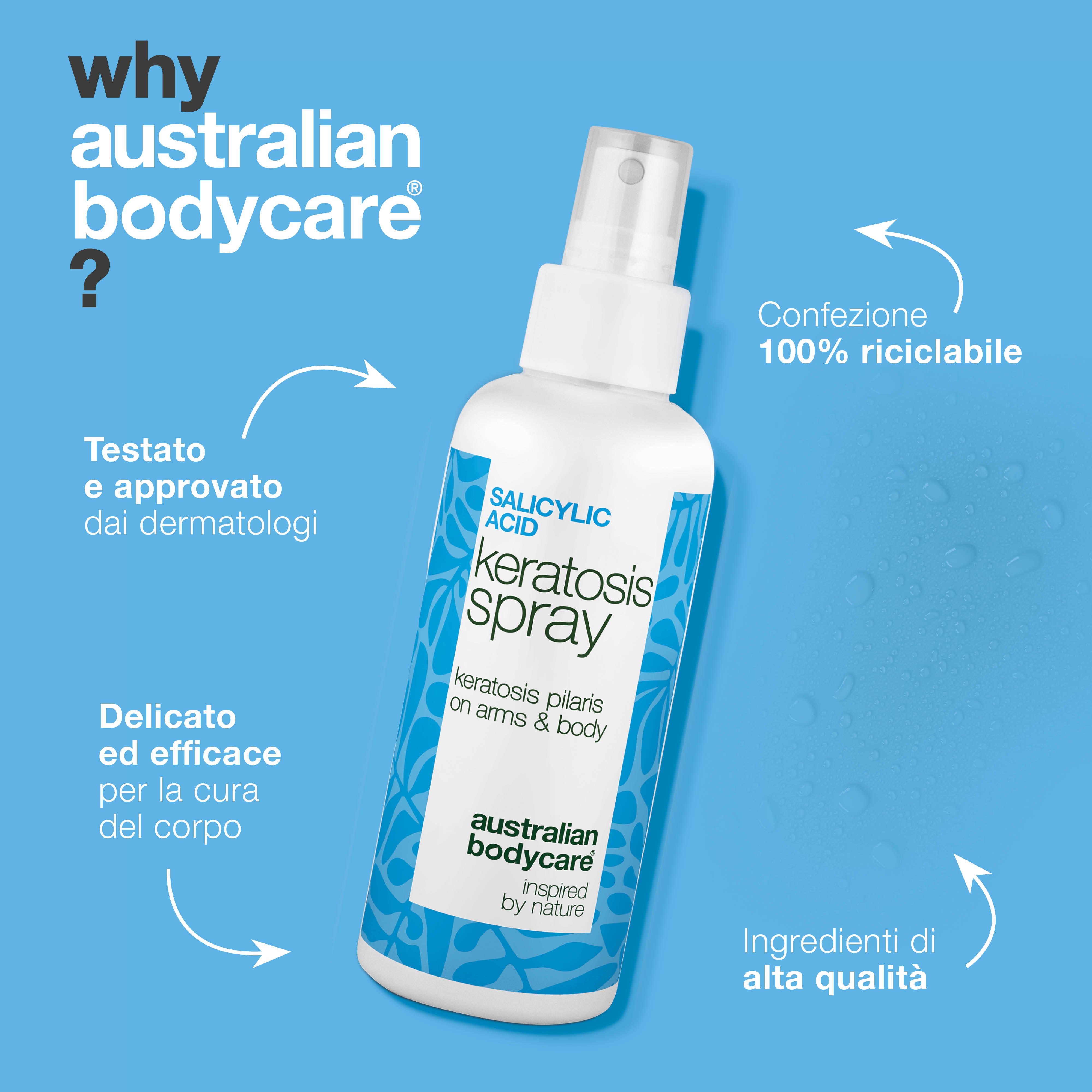 Spray cheratosi pilare per pelle ruvida e pelle a fragola — Keratosis pilaris spray leviga la pelle ruvida e a buccia d’arancia. Con acido salicilico per esfoliazione e pori puliti.
