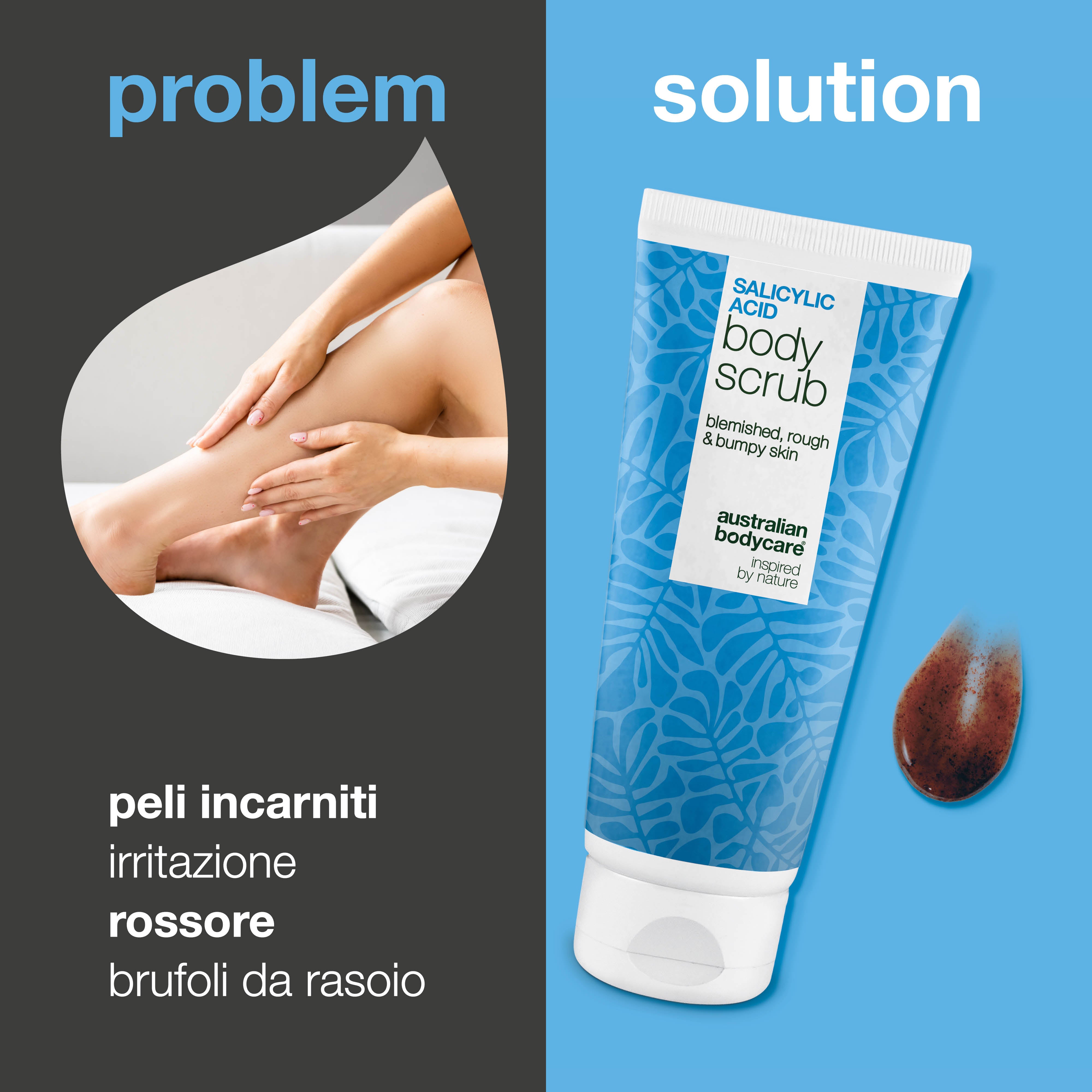 Shave Scrub per una pelle liscia e morbida senza arrossamenti post rasatura. Ingredienti chiave: Acido salicilico, Acido glicolico, Glicerina e Allantoina.