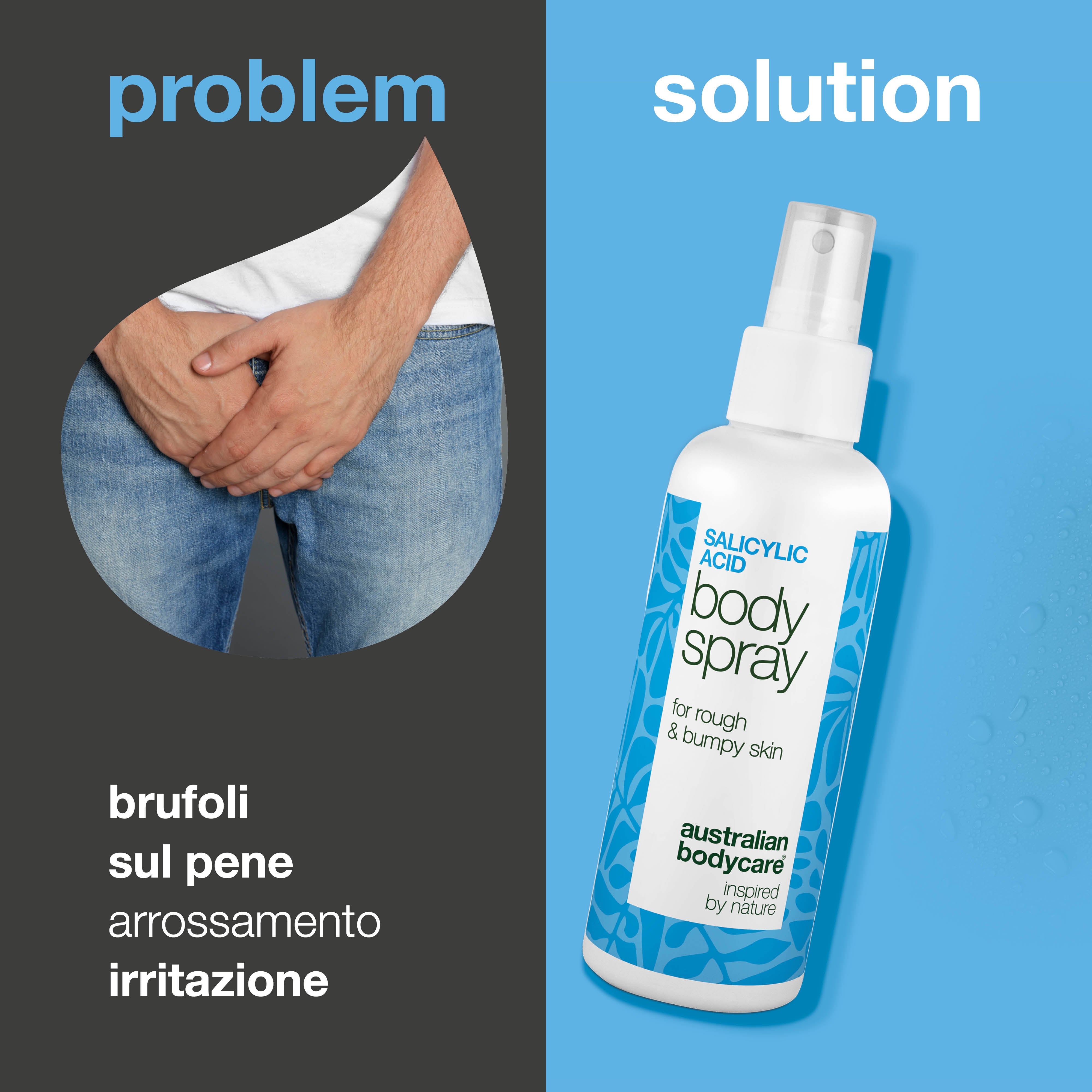 Spray per brufoli sul pene deterge i pori e previene nuove imperfezioni. Formulato con acido salicilico, acido glicolico, glicerina, pantenolo e zinco.