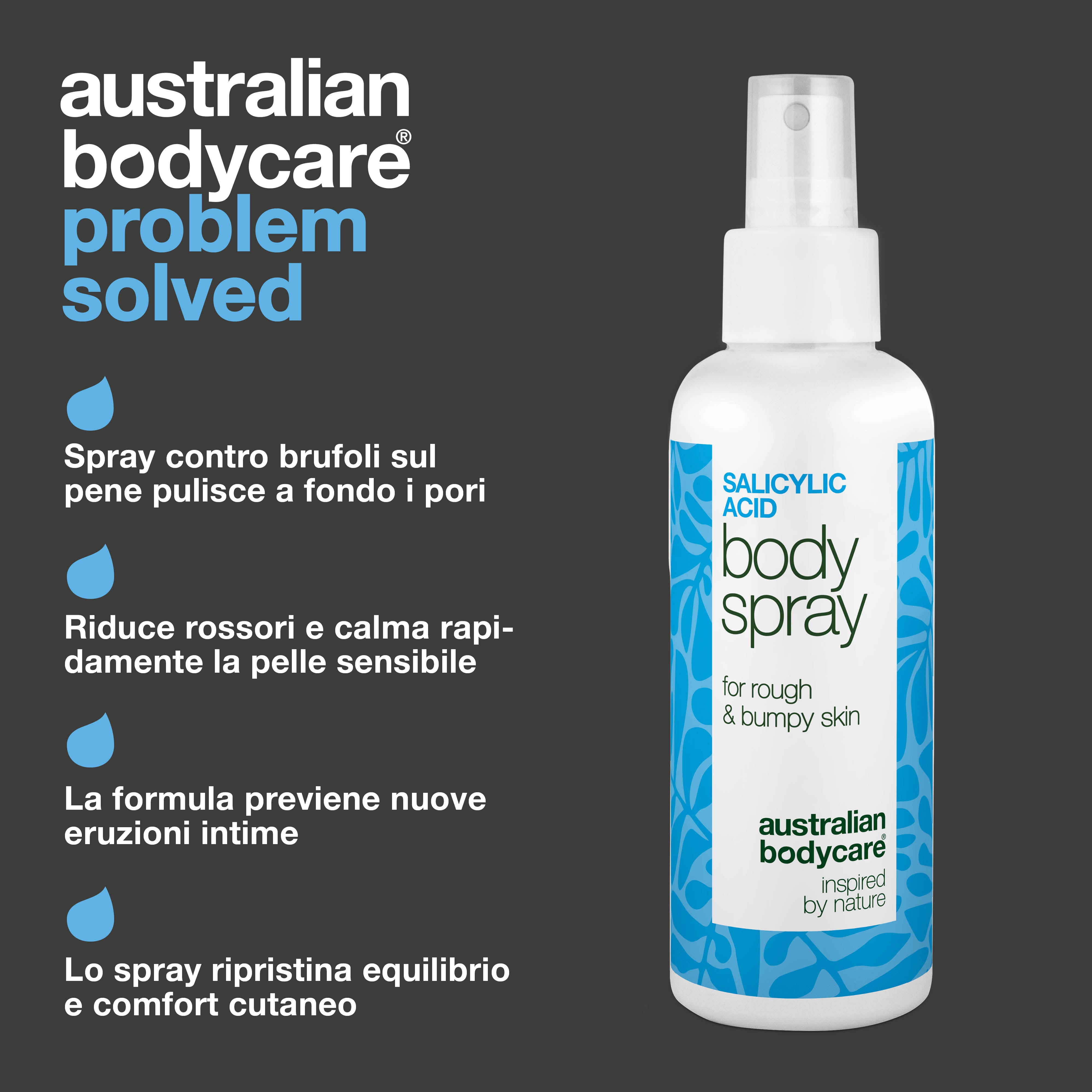 Spray per brufoli sul pene deterge i pori e previene nuove imperfezioni. Formulato con acido salicilico, acido glicolico, glicerina, pantenolo e zinco.