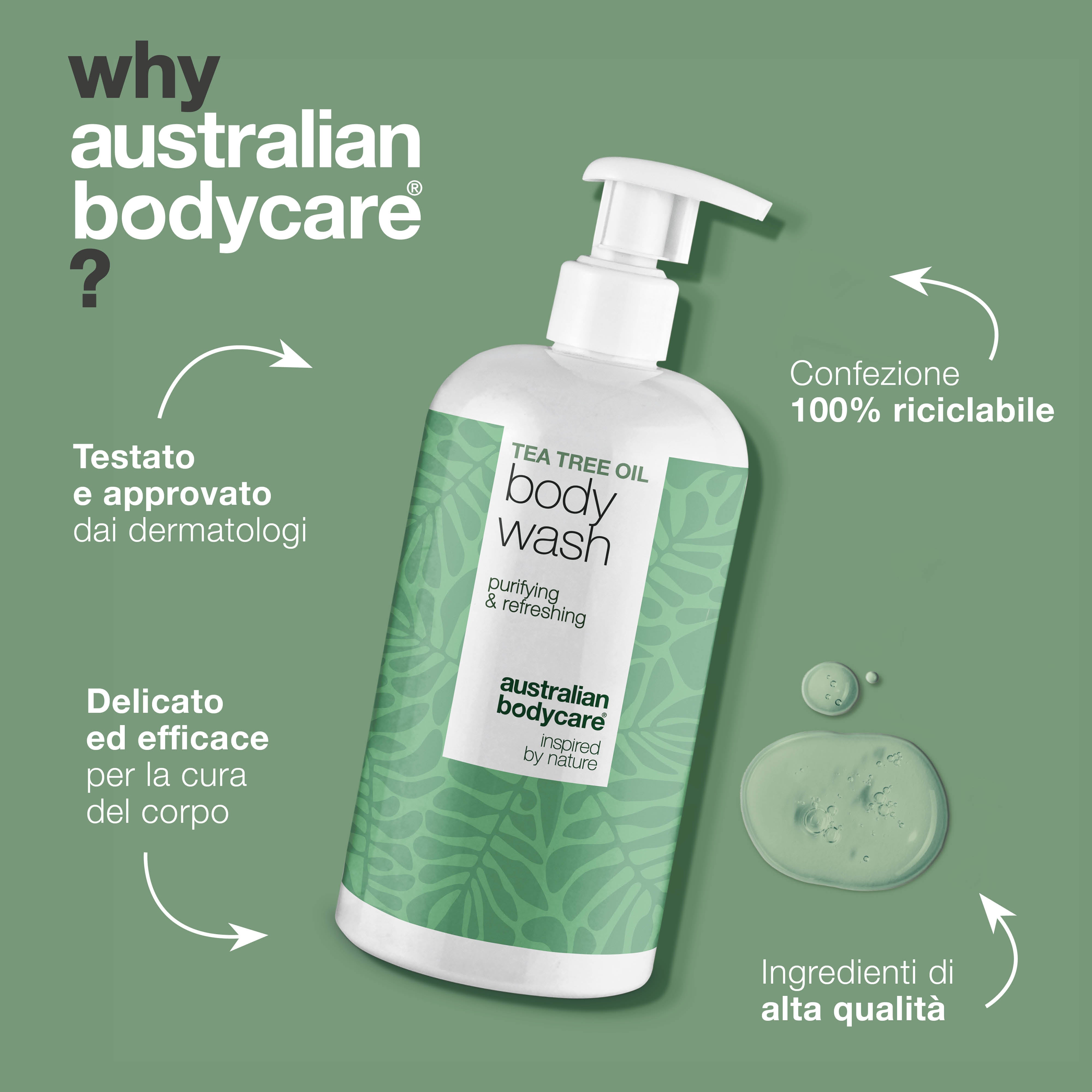 Detergente corpo Tea Tree contro brufoli, odore e prurito – con Tea Tree Oil e Zinc PCA