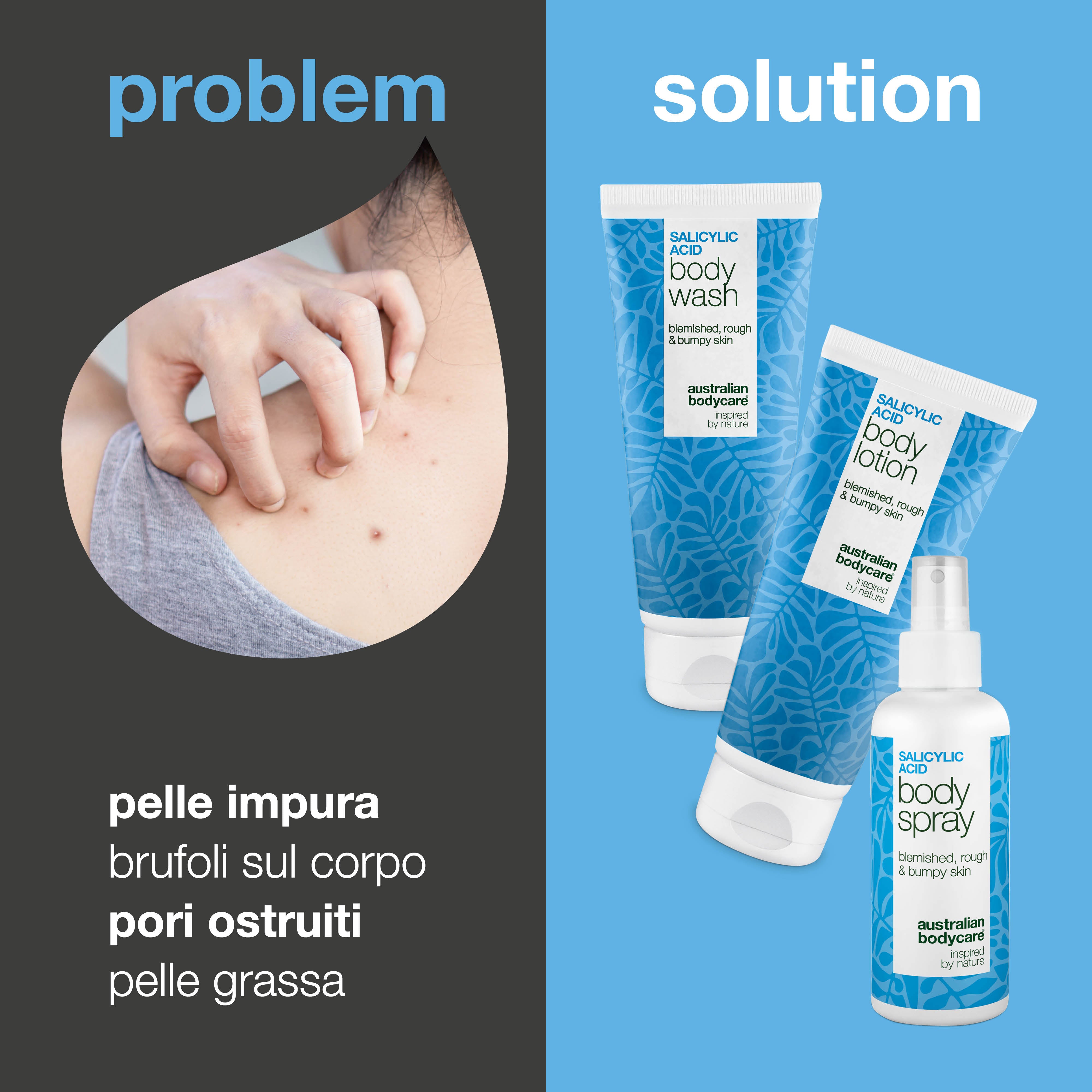 Trattamento corpo per brufoli – routine 3 fasi con acido salicilico — Set contro brufoli e pelle impura. Pulisce i pori con acido salicílico e niacinamide per una pelle più liscia e uniforme.