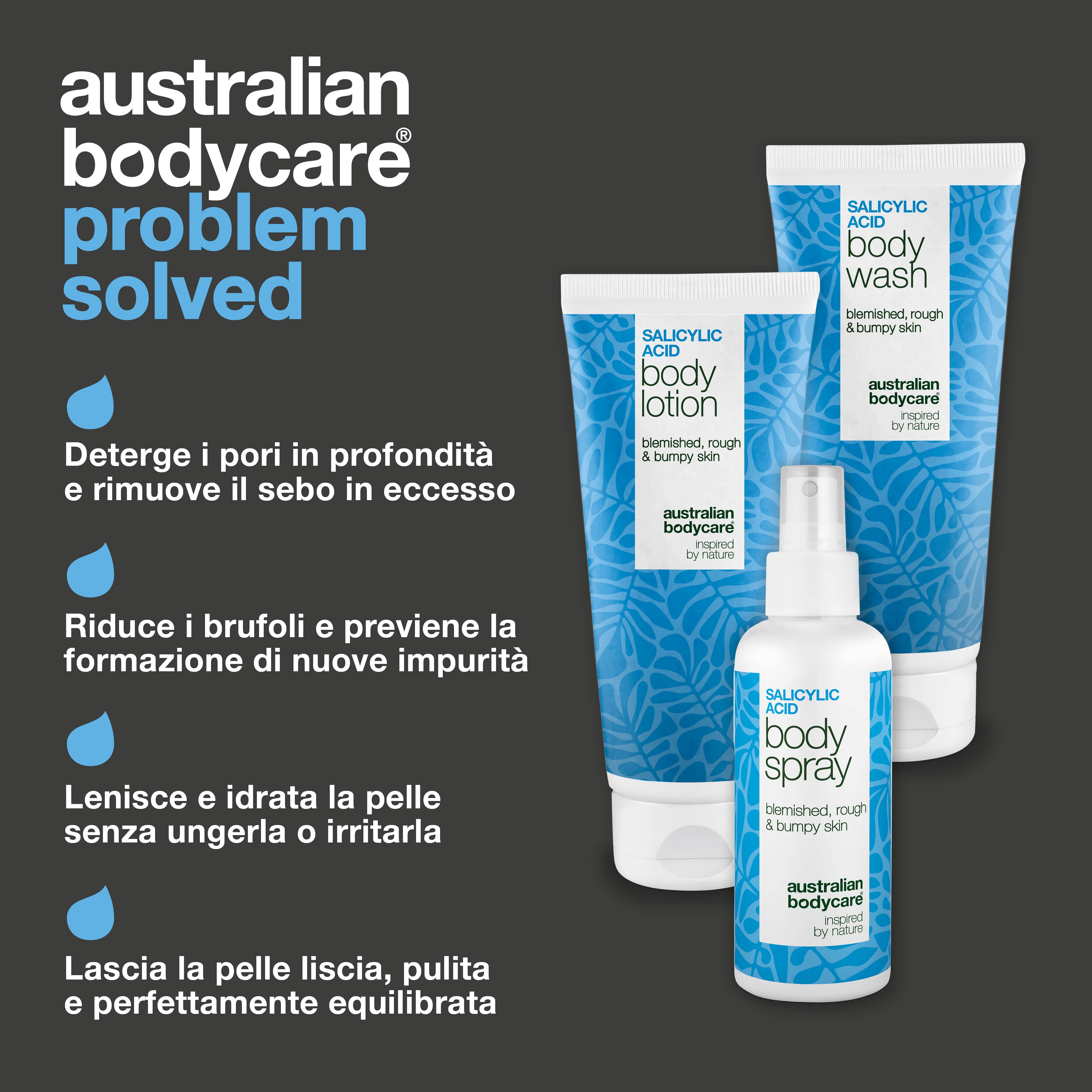 Trattamento corpo per brufoli – routine 3 fasi con acido salicilico — Set contro brufoli e pelle impura. Pulisce i pori con acido salicílico e niacinamide per una pelle più liscia e uniforme.