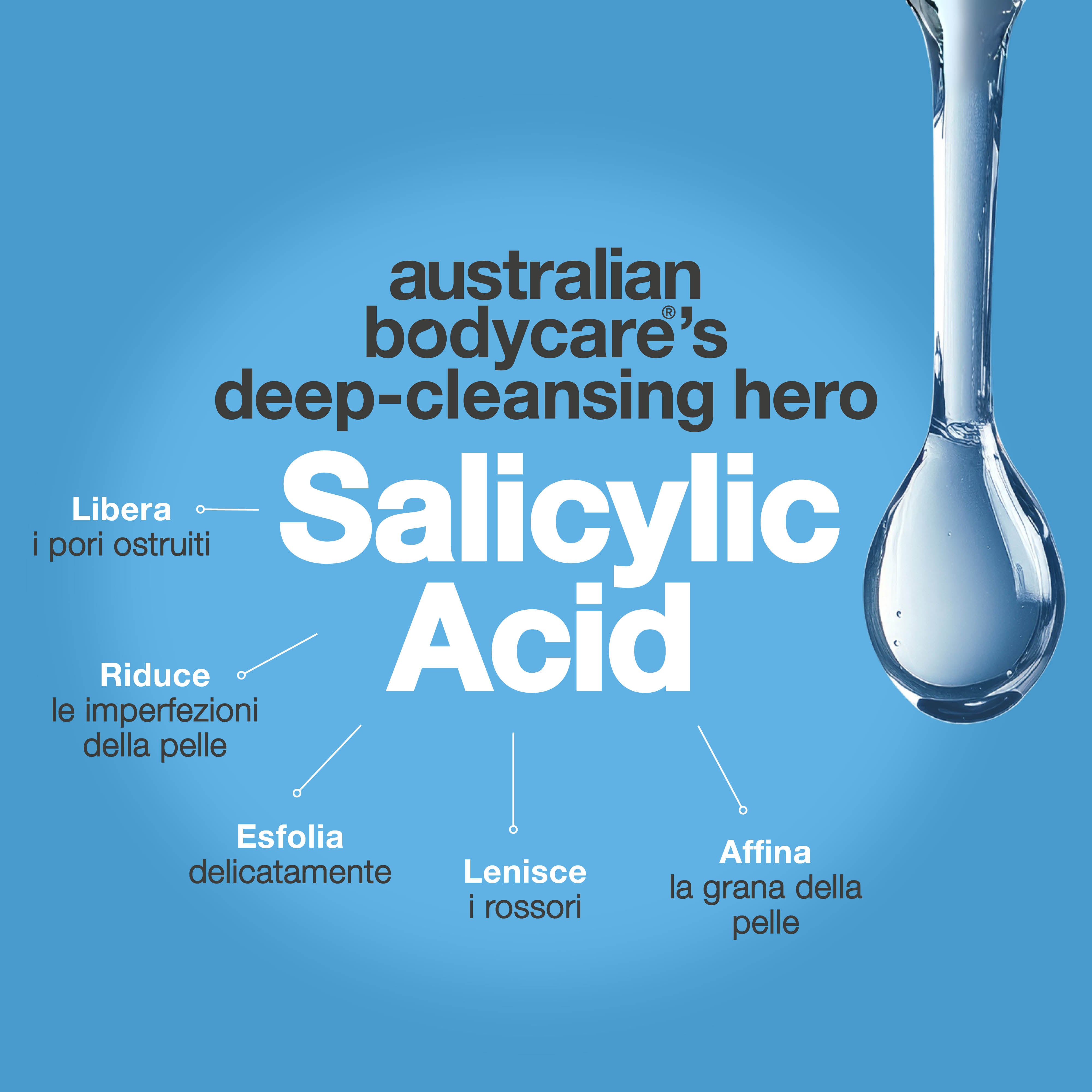 Trattamento corpo per brufoli – routine 3 fasi con acido salicilico — Set contro brufoli e pelle impura. Pulisce i pori con acido salicílico e niacinamide per una pelle più liscia e uniforme.