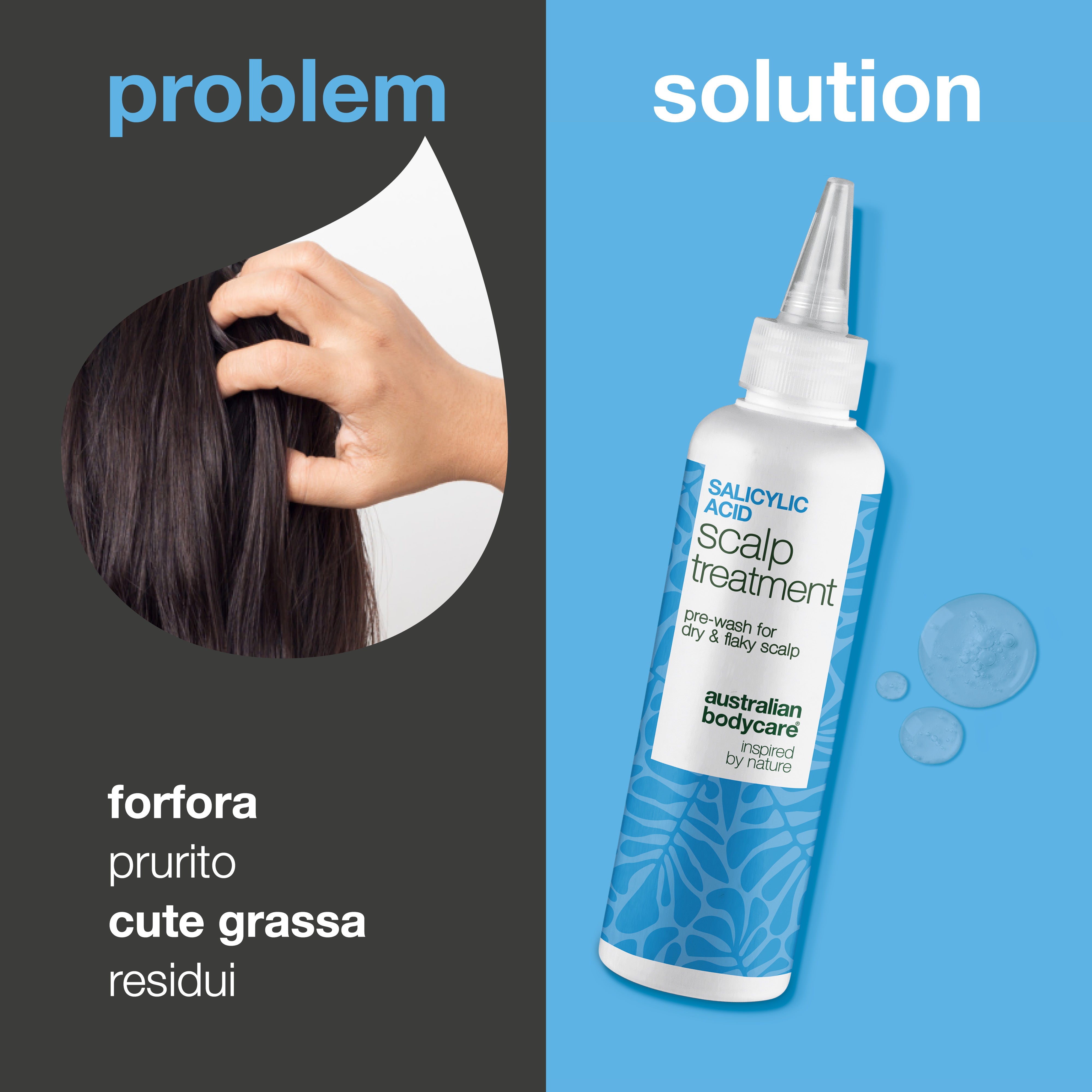 Trattamento acido salicilico contro forfora e prurito — Il trattamento/peeling all'acido salicilico calma prurito, forfora e grasso. Da usare prima del lavaggio per esfoliazione con acido salicilico.