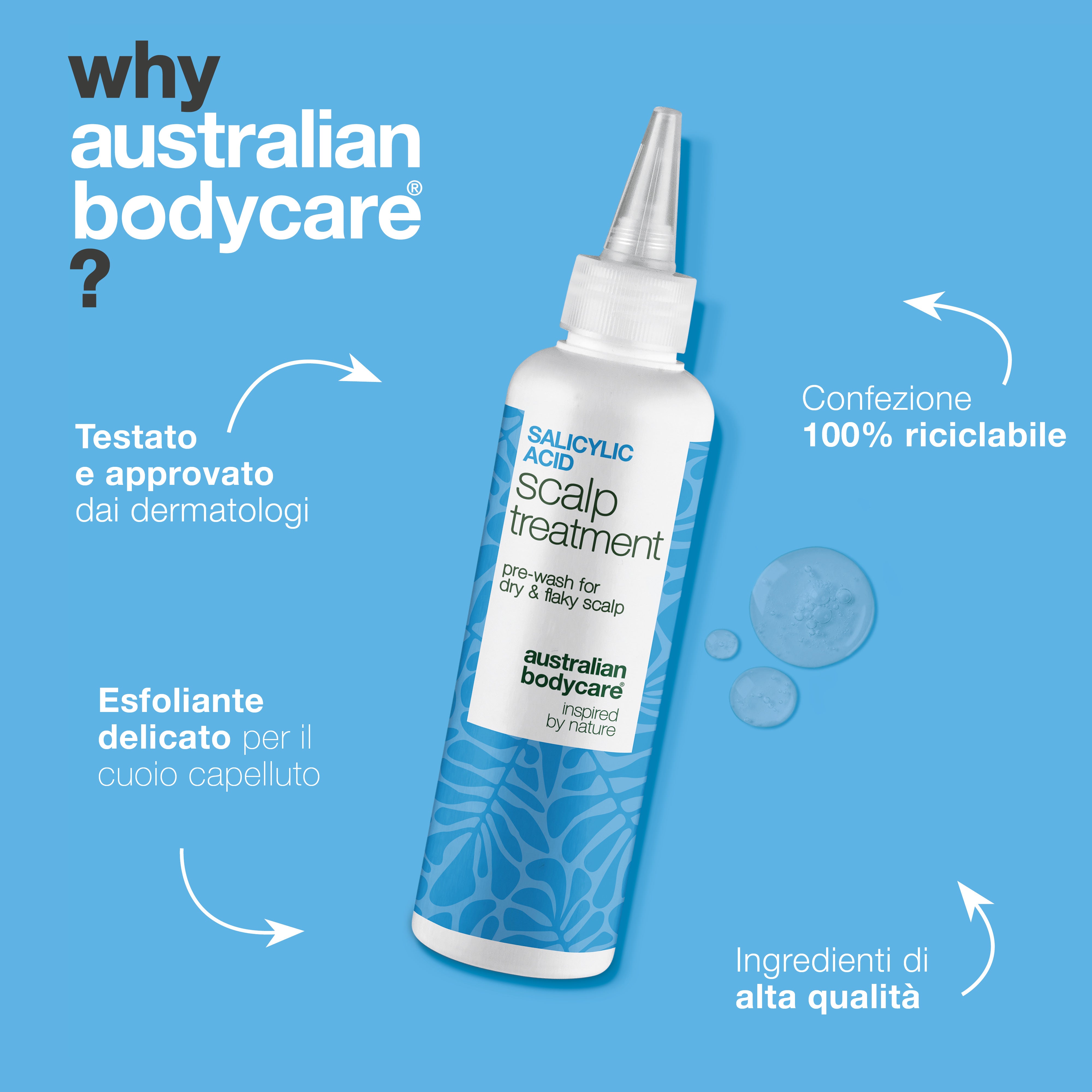 Trattamento acido salicilico contro forfora e prurito — Il trattamento/peeling all'acido salicilico calma prurito, forfora e grasso. Da usare prima del lavaggio per esfoliazione con acido salicilico.