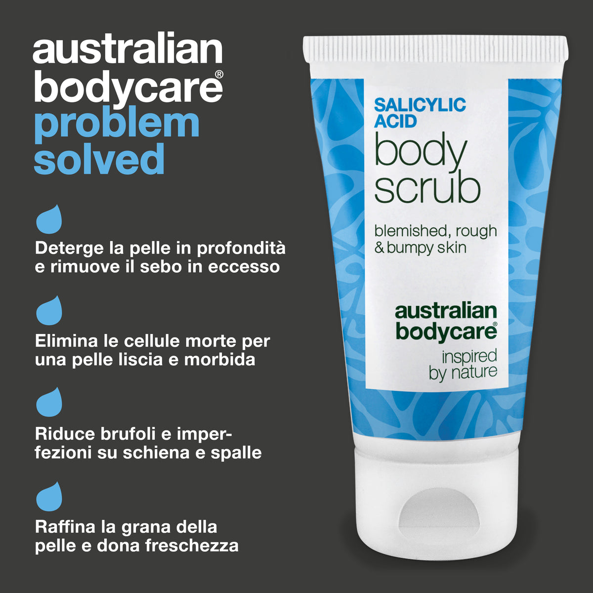 Lo Salicylic Acid Body Scrub pulisce la pelle in profondità ed elimina il sebo in eccesso, rimuove le cellule morte, riduce i brufoli su schiena, spalle e petto e leviga la pelle ruvida