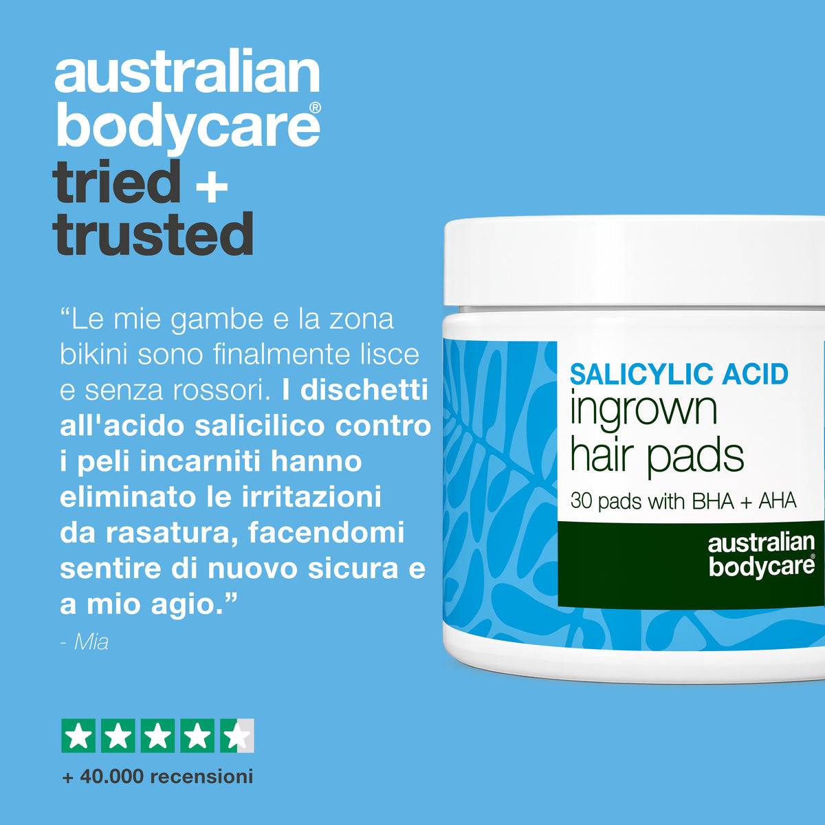 Recensione di un cliente sui dischetti all'acido salicilico Australian Bodycare contro i peli incarniti, con una valutazione di quattro stelle e mezzo e oltre 40.000 recensioni.