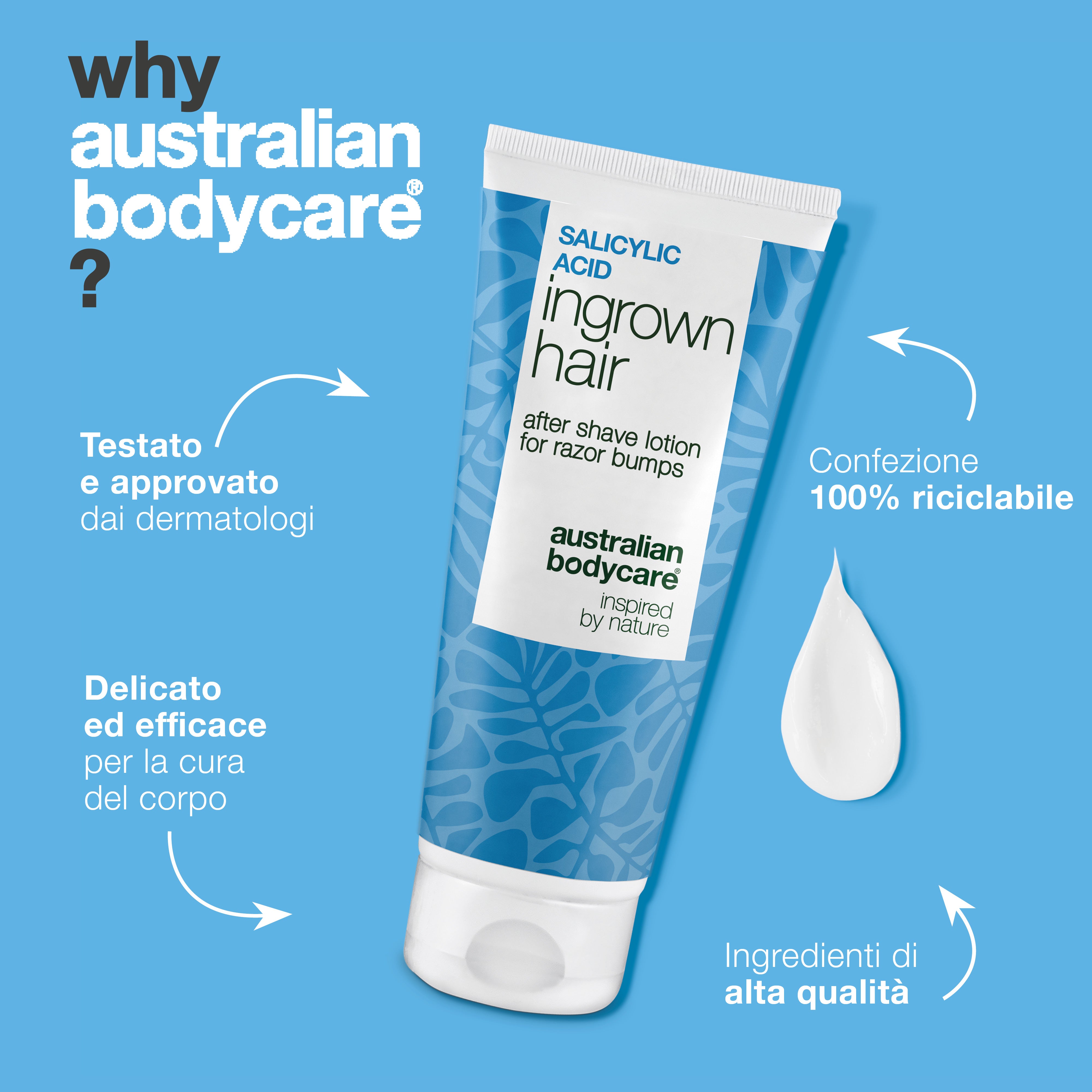 Australian Bodycare Lozione After Shave all’Acido Salicilico in confezione riciclabile. Trattamento corpo dermatologicamente testato, delicato ed efficace, formulato con ingredienti di alta qualità.
