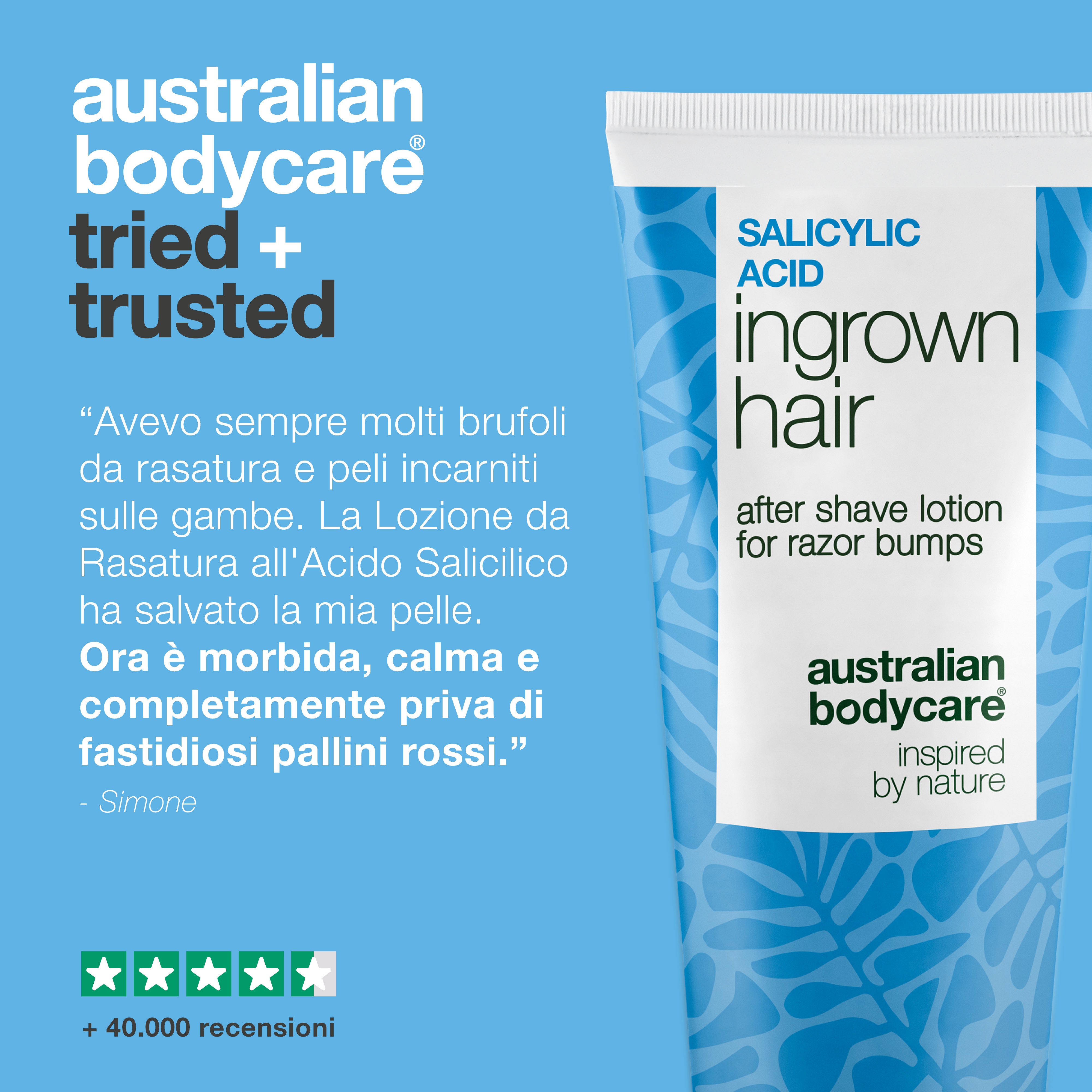 Australian Bodycare Lozione After Shave all’Acido Salicilico contro peli incarniti e brufoletti rossi. L’immagine mostra il prodotto insieme a una recensione cliente che parla di una pelle più morbida e lenita dopo la rasatura, oltre a più di 40.000 recensioni.