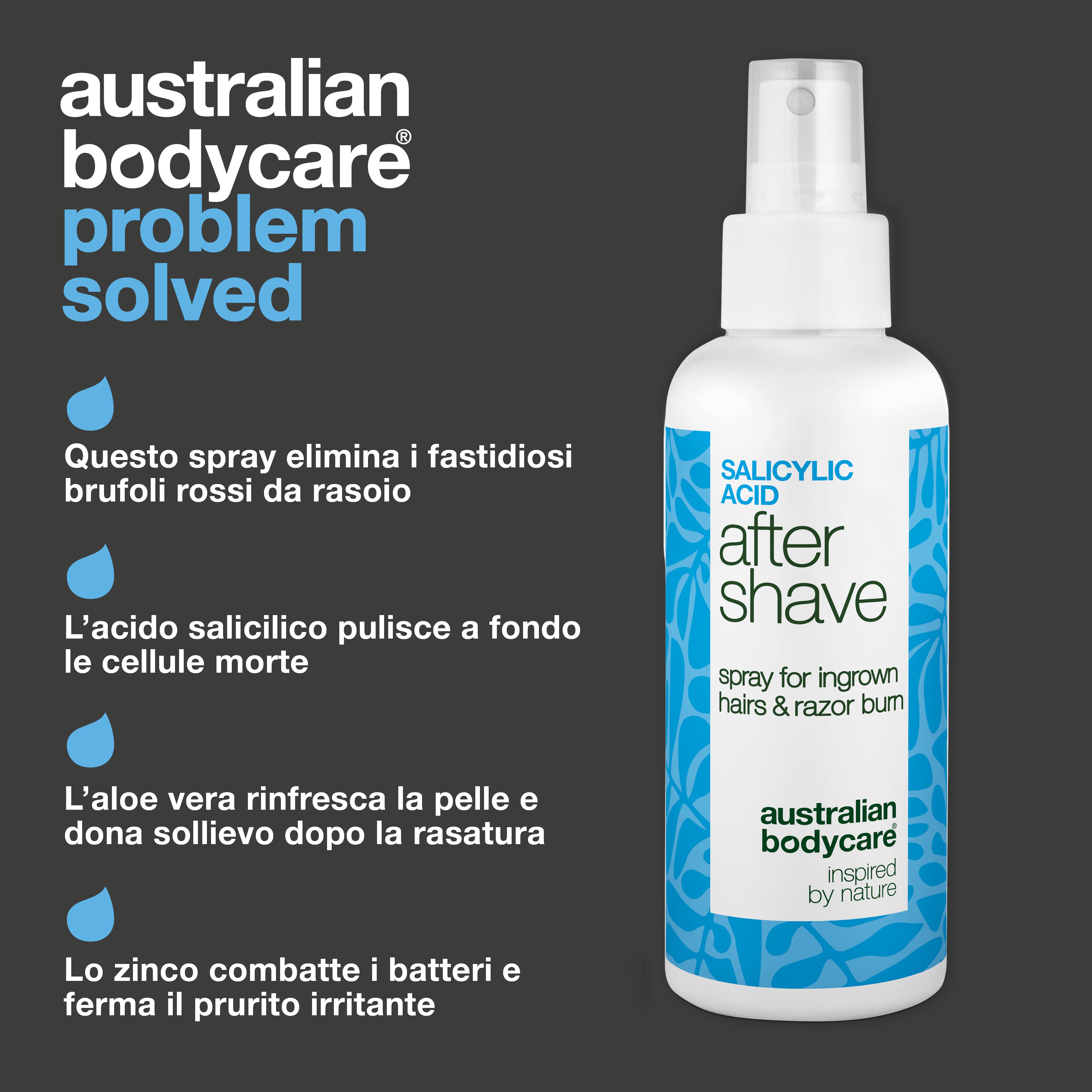 Spray Dopobarba Acido Salicilico anti-irritazioni — Spray Dopobarba contro irritazioni e peli incarniti. Calma il prurito con Acido Salicilico e Aloe Vera per una pelle perfetta.