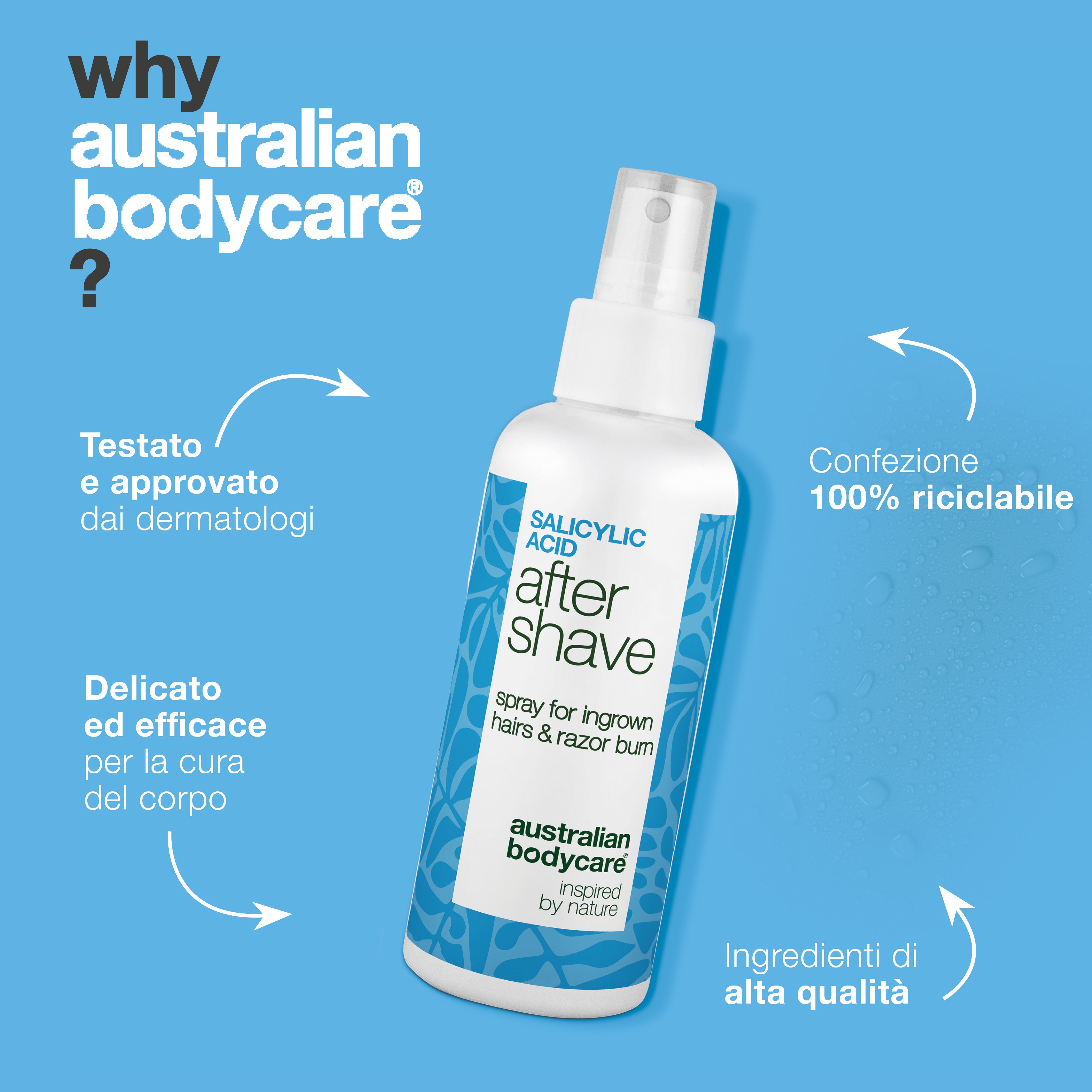 Spray Dopobarba Acido Salicilico anti-irritazioni — Spray Dopobarba contro irritazioni e peli incarniti. Calma il prurito con Acido Salicilico e Aloe Vera per una pelle perfetta.
