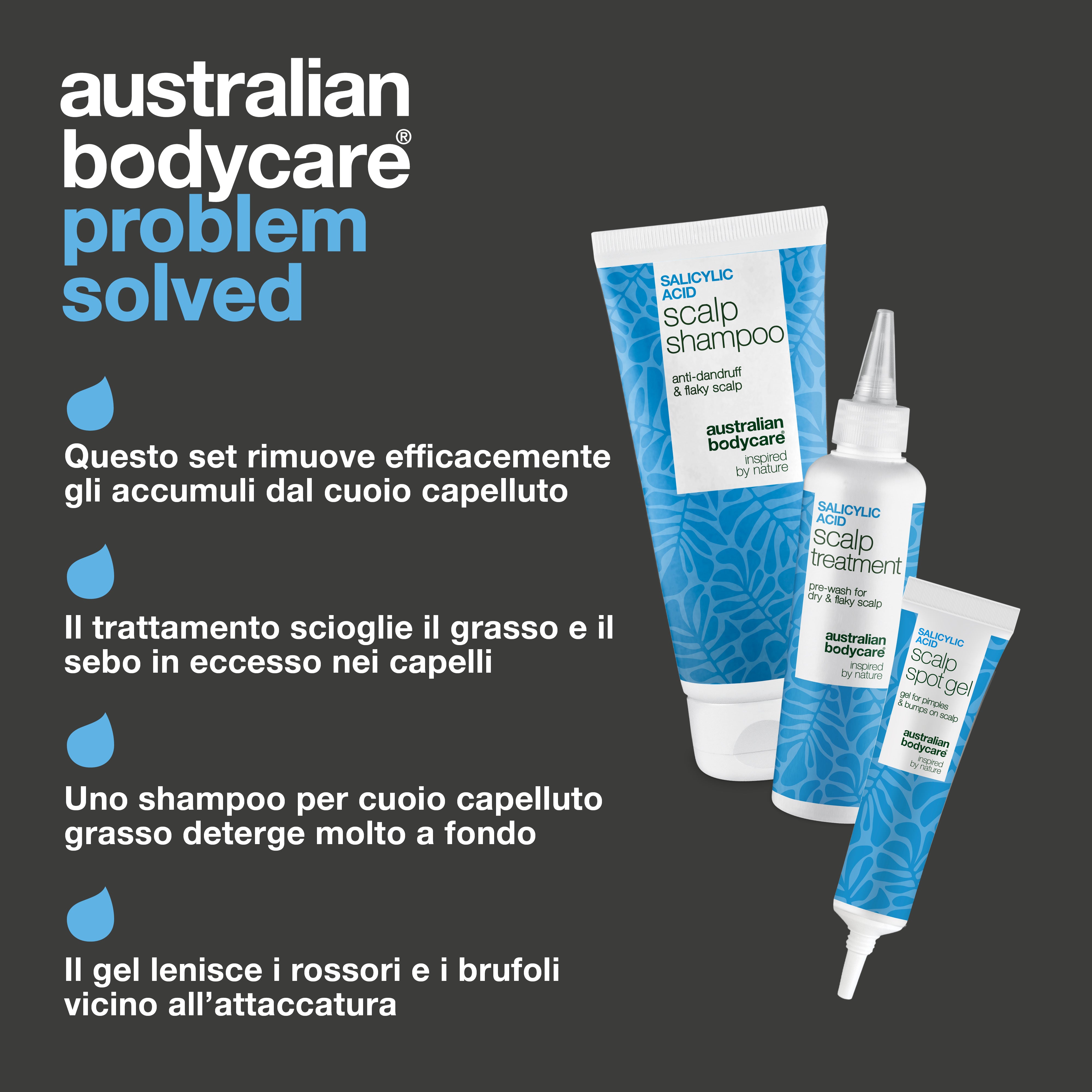 I vantaggi del set: rimuove gli accumuli, il trattamento contrasta il sebo, shampoo purificante per cute grassa e gel anti-brufoli
