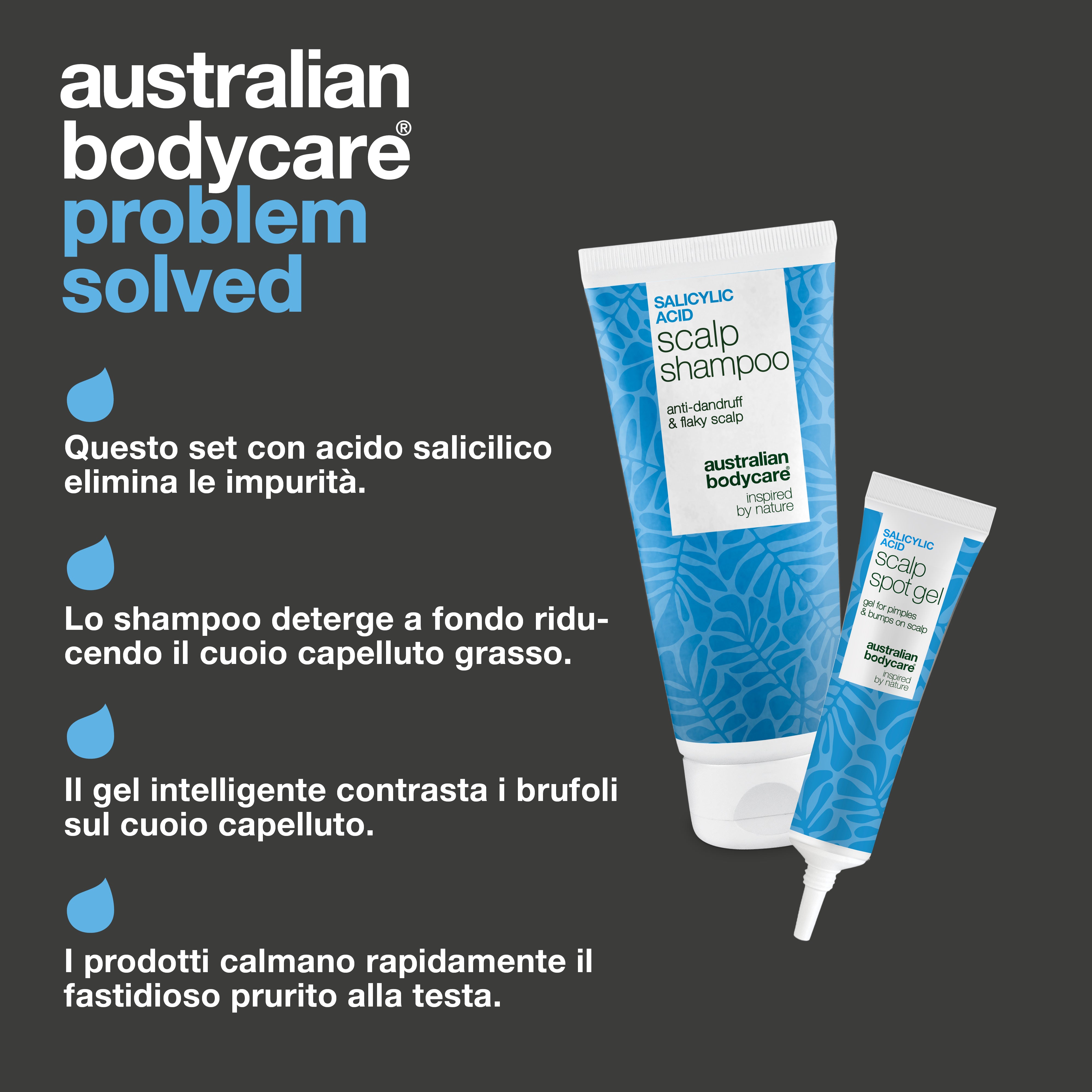 I vantaggi del set: uno shampoo purificante e un gel mirato all'Acido Salicilico che lenisce brufoli e bollicine doloranti